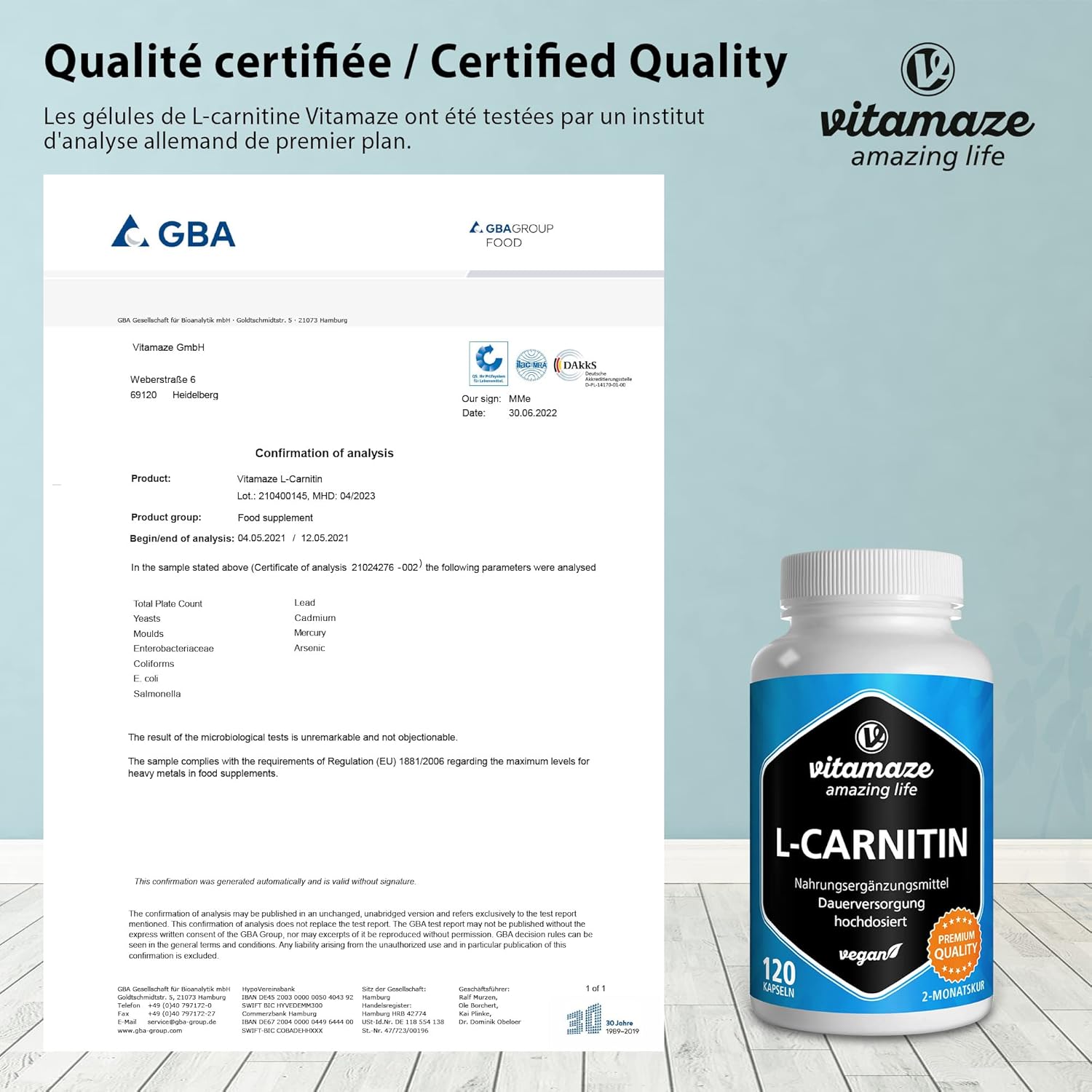 Thumbnail 5 de Vitamaze L-Carnitine haute dose (tartrate) 1000 mg/j – 120 gélules végane