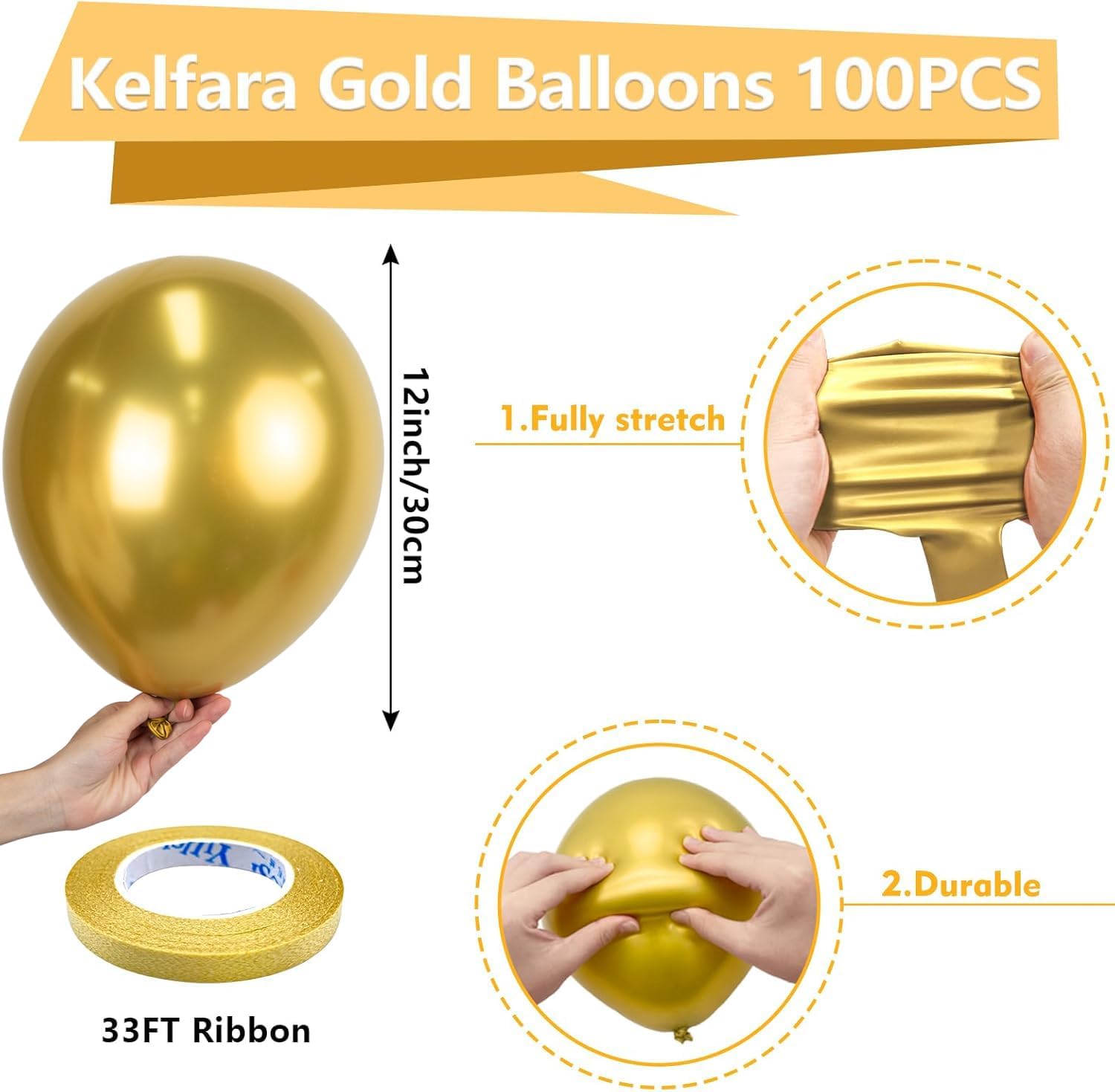 Thumbnail 1 de Gold latex party balloons 100 pack, 12 inch