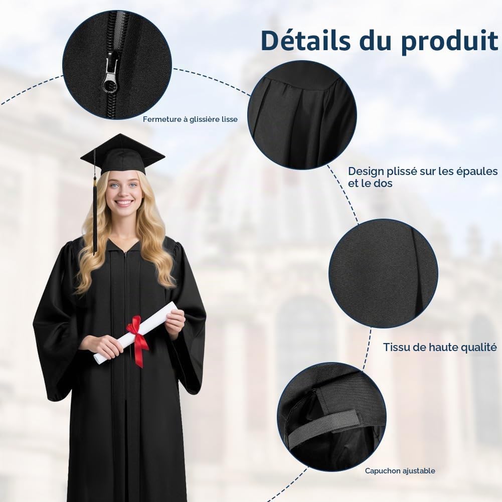 Detalle de AUYAO afstudeertoga met baret voor volwassenen, polyester, S/M/L