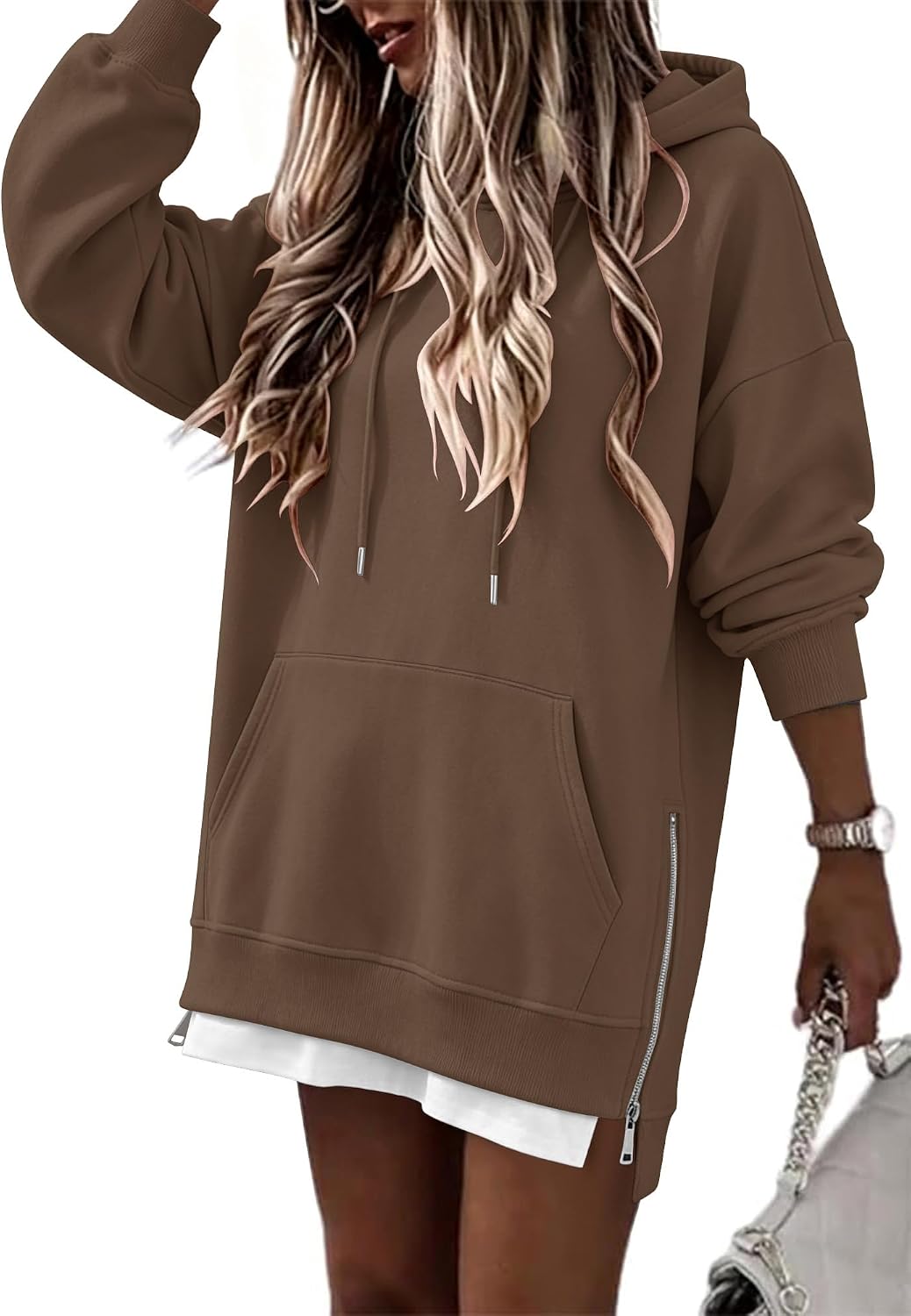 Detalle de onlypuff Women's Oversized Sweatshirt Dress, Long Sleeves, Split Hem & Kangaroo Pocket