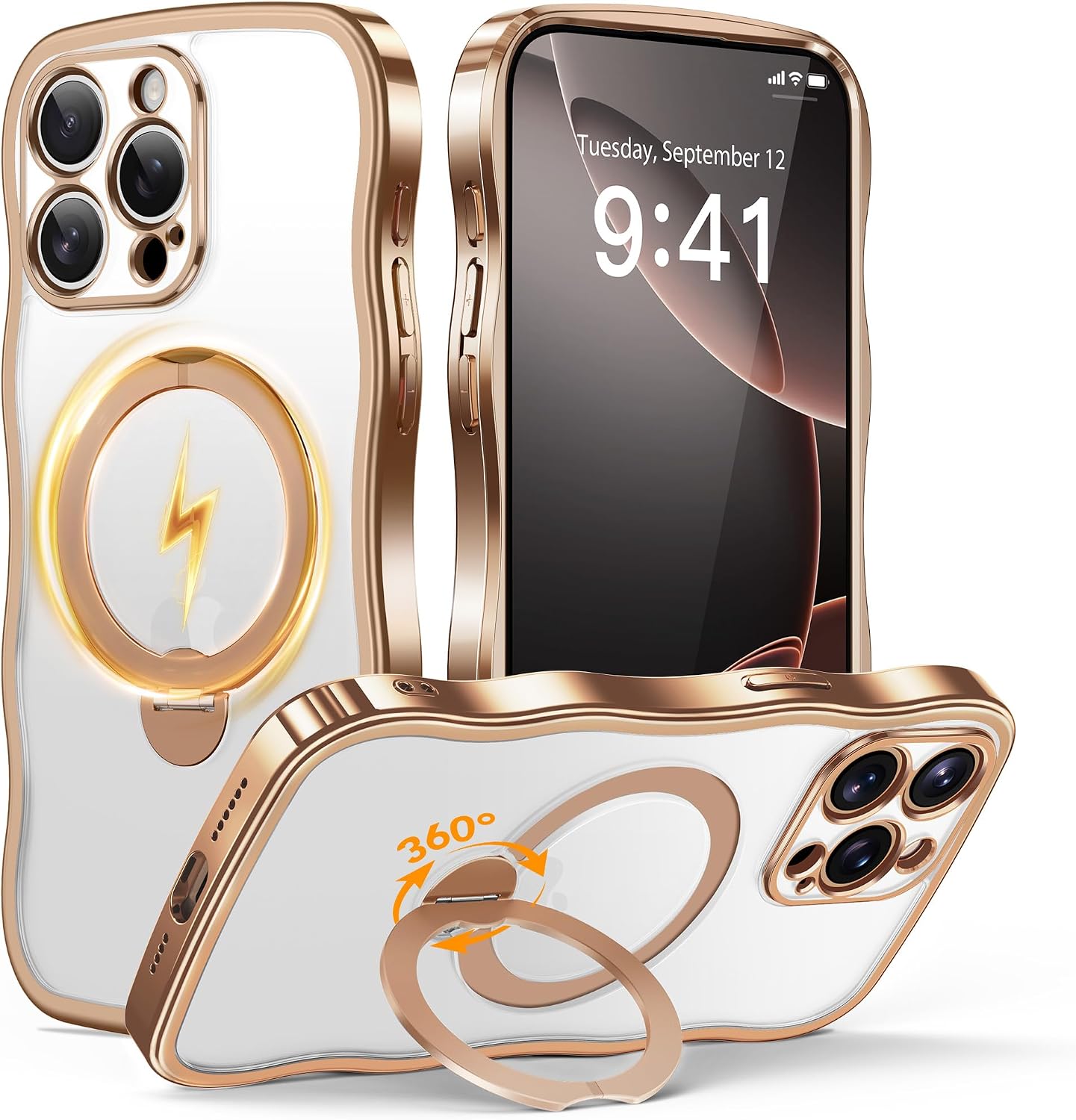 Detalle de GOLBINBOX for iPhone 15 Pro Case with 360° Magnetic Stand Ring (MagSafe, Military Protection) - Rose Gold/Clear