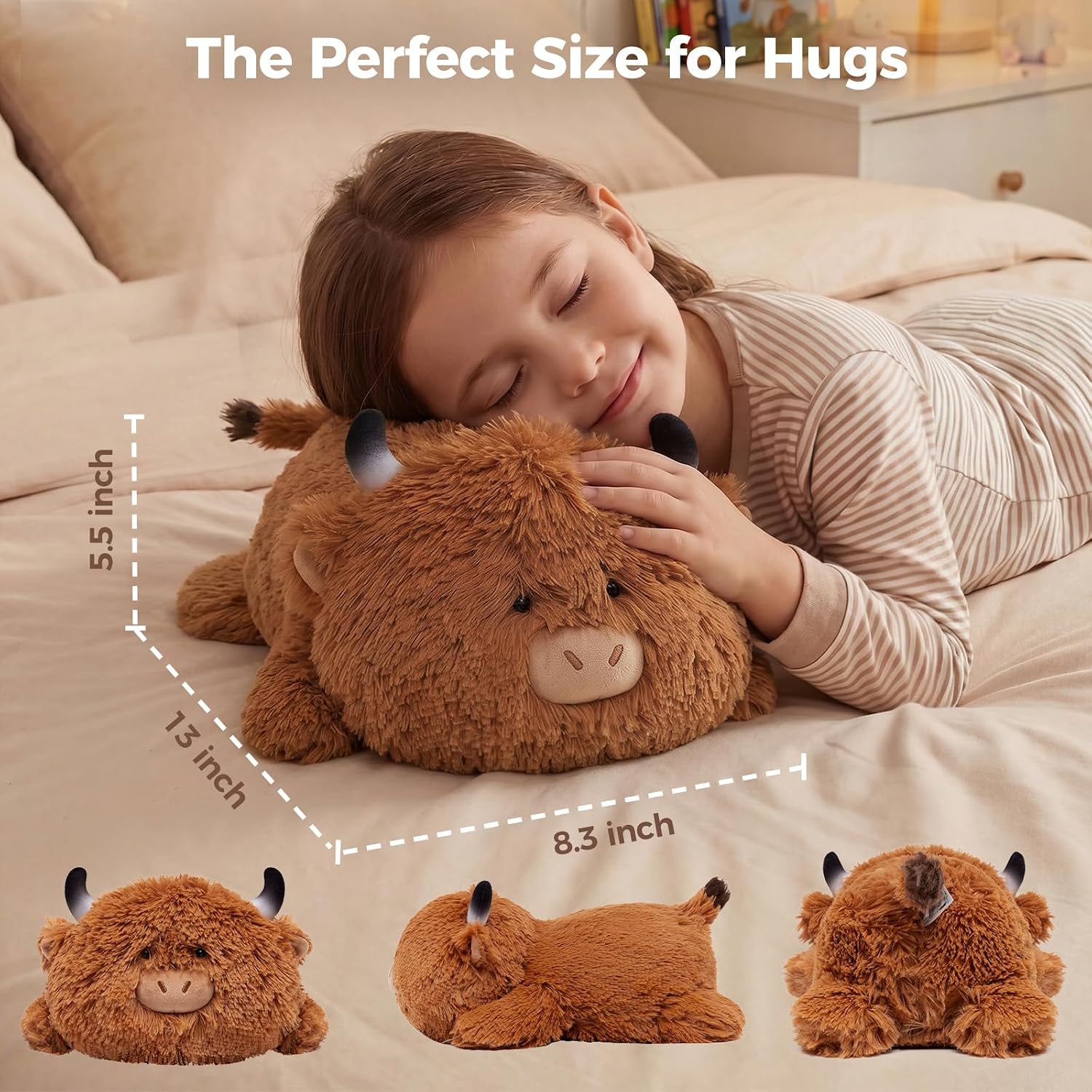 Detalle 2 de Mewaii Kuh Kuscheltier Plüschkissen – 33 cm, Hochlandrind Kinderspielzeug & Dekoration