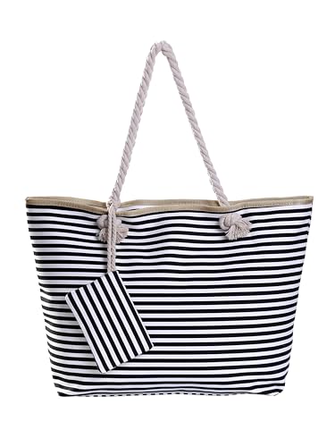 Detalle de Bolso de playa grande con cremallera DonDon — diseño a rayas negro y blanco
