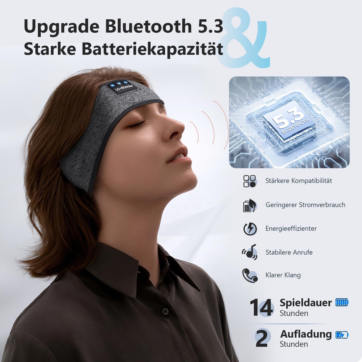 Detalle de LC-dolida Schlafkopfhörer Bluetooth 5.4 – Stirnband zum Schlafen, Musik & Training (Grau)