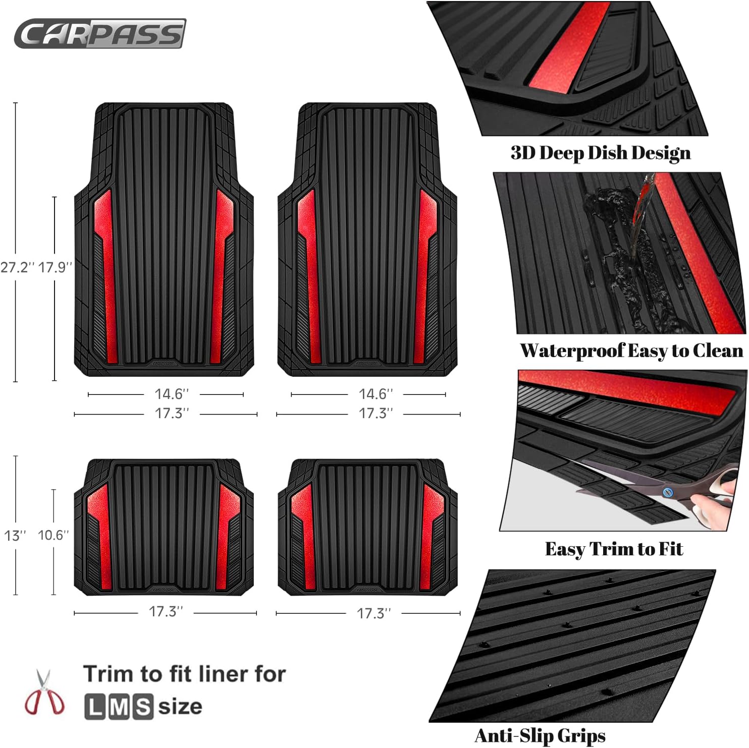 Thumbnail 3 de CAR PASS Heavy Duty Rubber Car Mats 27.2"