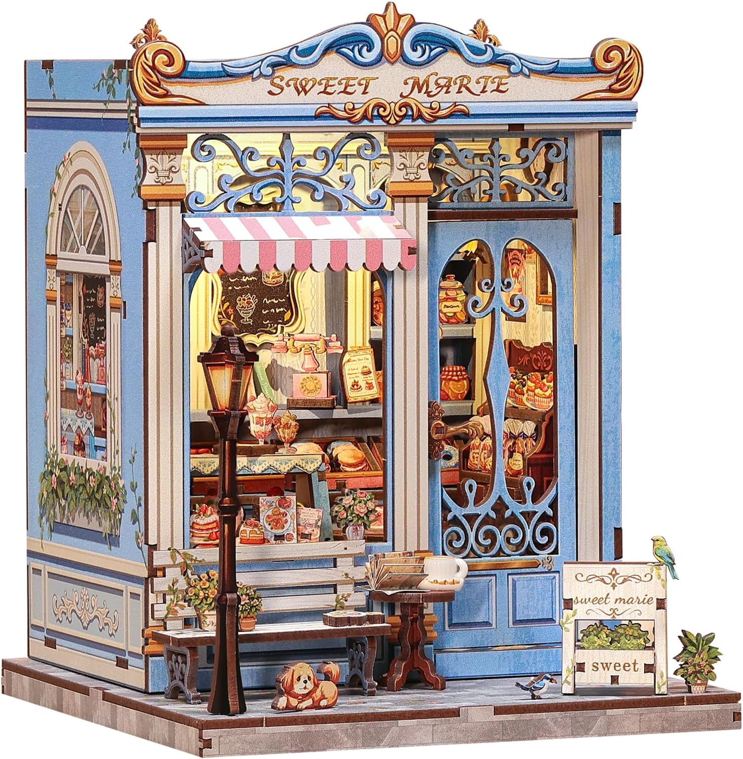 CUTEBEE Book Nook Kit for Adults – Sweet Marie Miniature Blue Candy Shop with LED Light