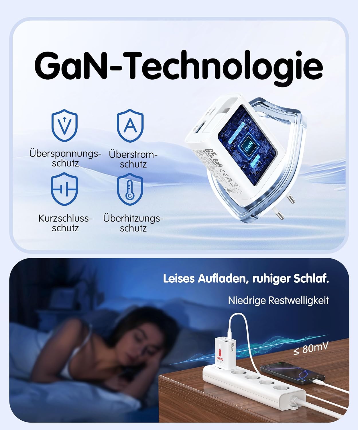 Detalle de HARIBO 65W USB-C Ladegerät mit 85 cm Einziehbarem Kabel – 3-Port GaN Netzteil PD QC PPS