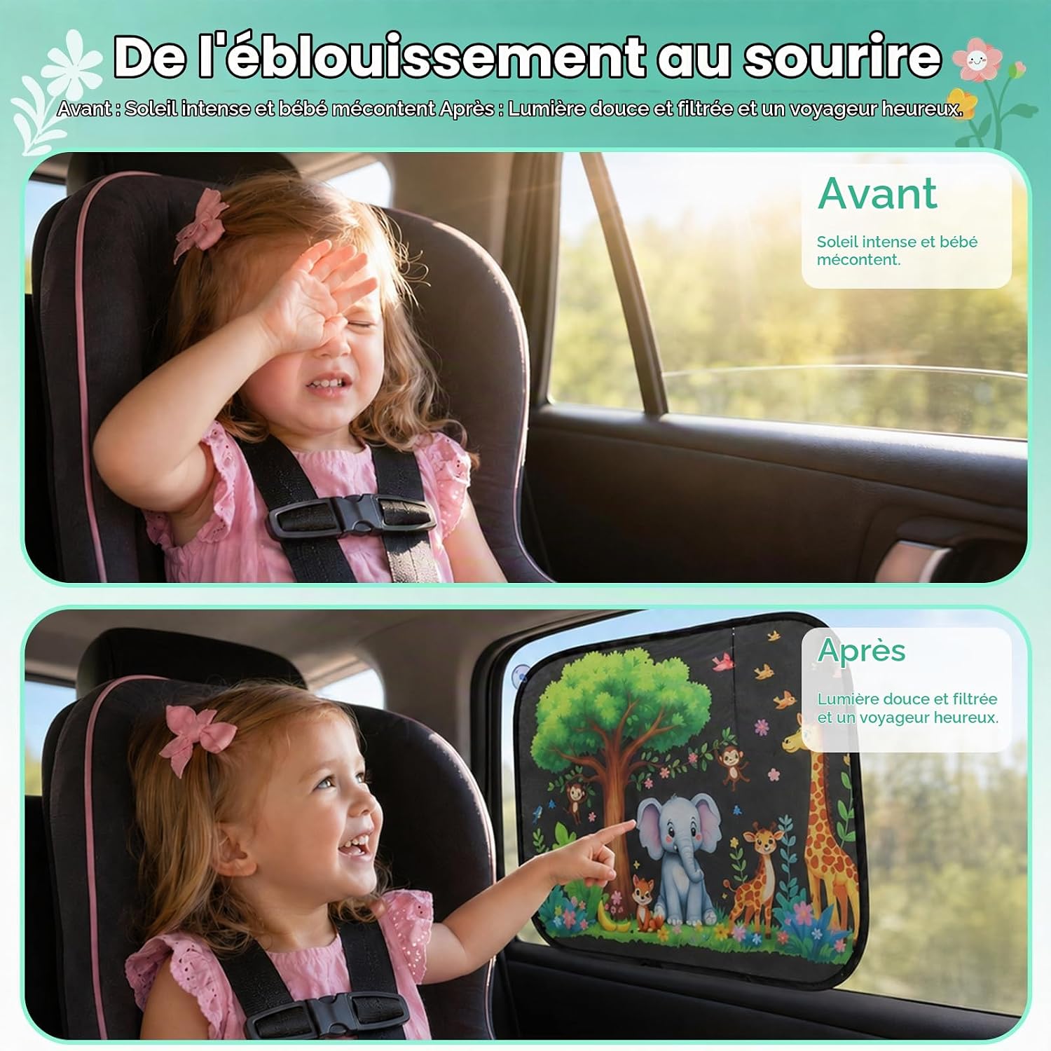 Thumbnail 2 de SINAYREK Pare-Soleil Voiture Bébé – Lot de 2 avec motifs animaux, 44 x 36 cm, ventouses incluses