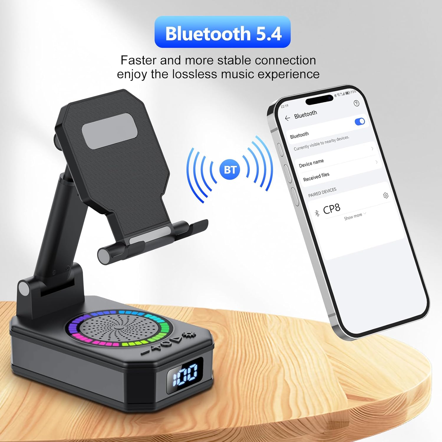 Detalle de Vatertagsgeschenk für Papa: 4-in-1 Bluetooth-Lautsprecher mit Handyhalter, 7 LED-Farben und USB-Ladefunktion