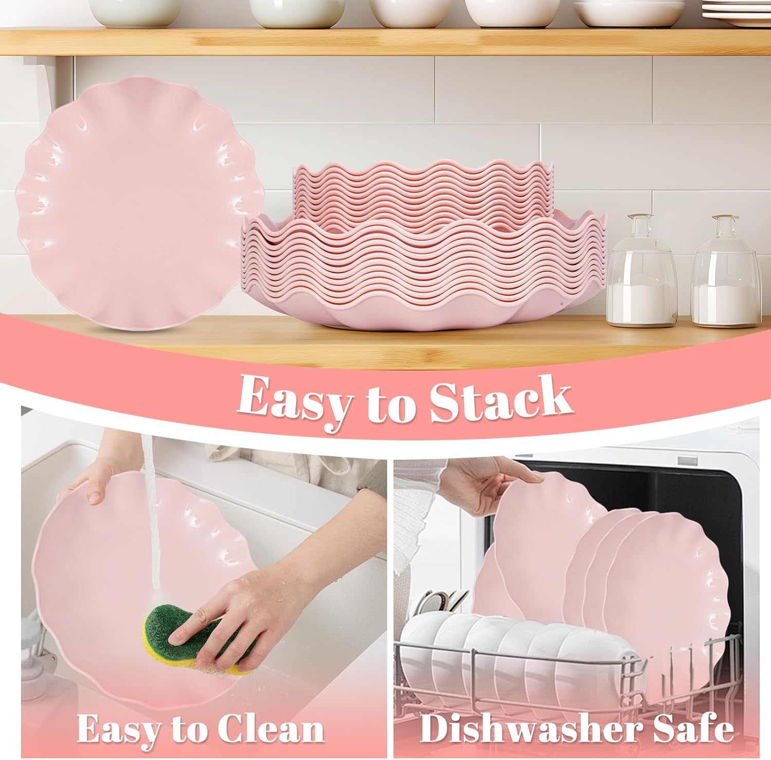 Detalle de LIYH 50-Pack Pink Reusable Plastic Plates (25 Dinner + 25 Dessert) — Dishwasher Safe, BPA-Free Wavy Daisy Design
