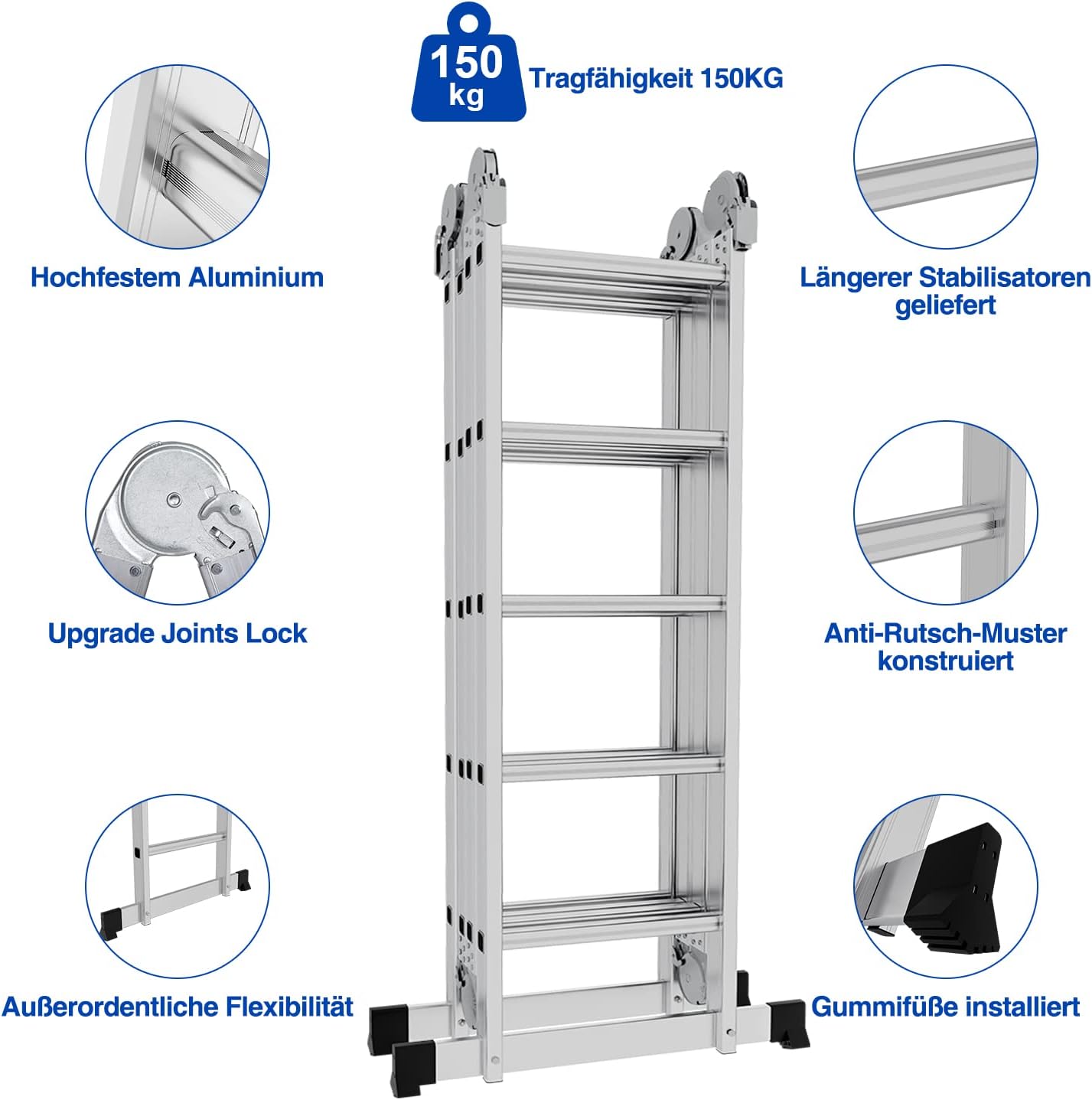 Detalle de Yakimz Scala multifunzione 7 in 1 da 5,82 m in alluminio: scala pieghevole con 4×5 gradini, 2 piattaforme e 2 ruote