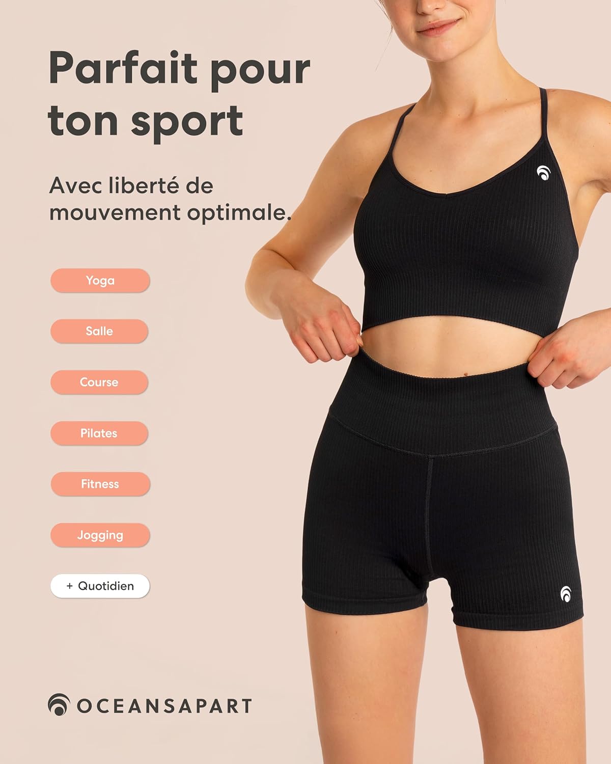 Detalle de Short de cyclisme femme OCEANSAPART Maya — taille haute côtelée opaque et anti-squadproof