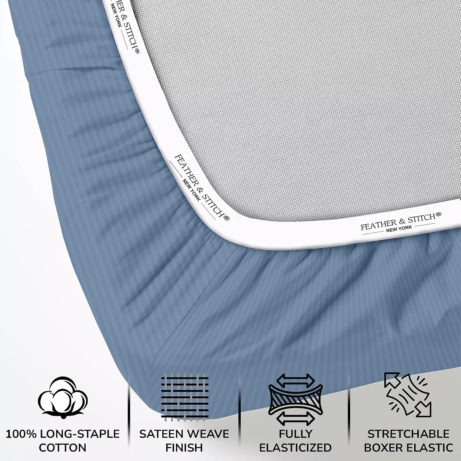 Detalle de Feather & Stitch 500 TC Queen Cotton Sateen Sheet Set, Blue Stripe