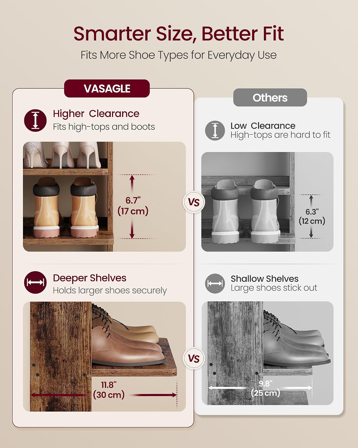 Thumbnail 3 de VASAGLE ULBS220KD01 7-Tier Shoe Rack, Slim Rustic Brown Organizer with Hooks