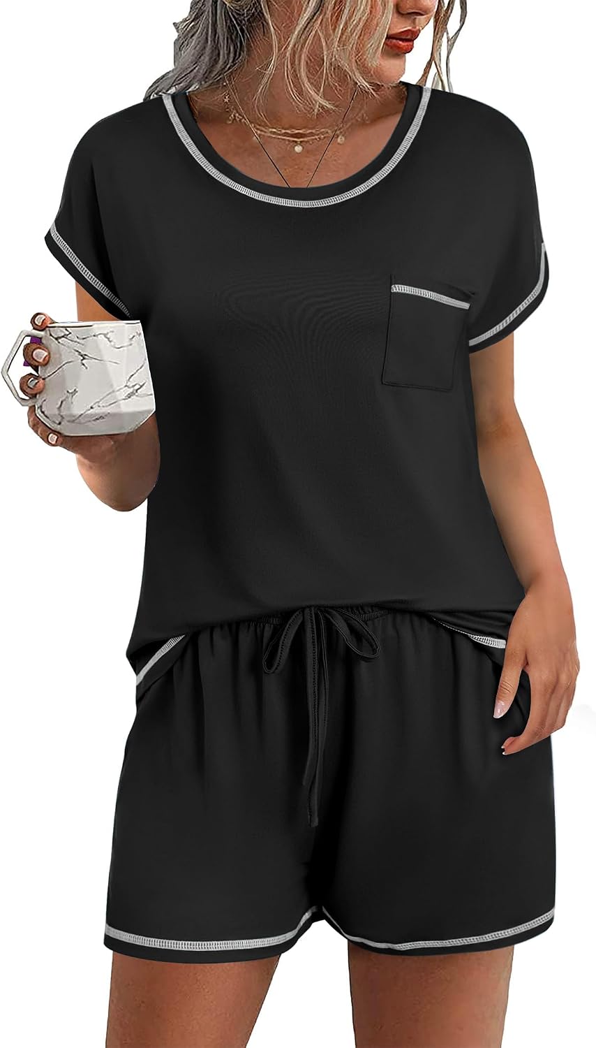 Detalle de Ekouaer Women's Pajama Set, Short-Sleeve Top and Shorts with Pockets