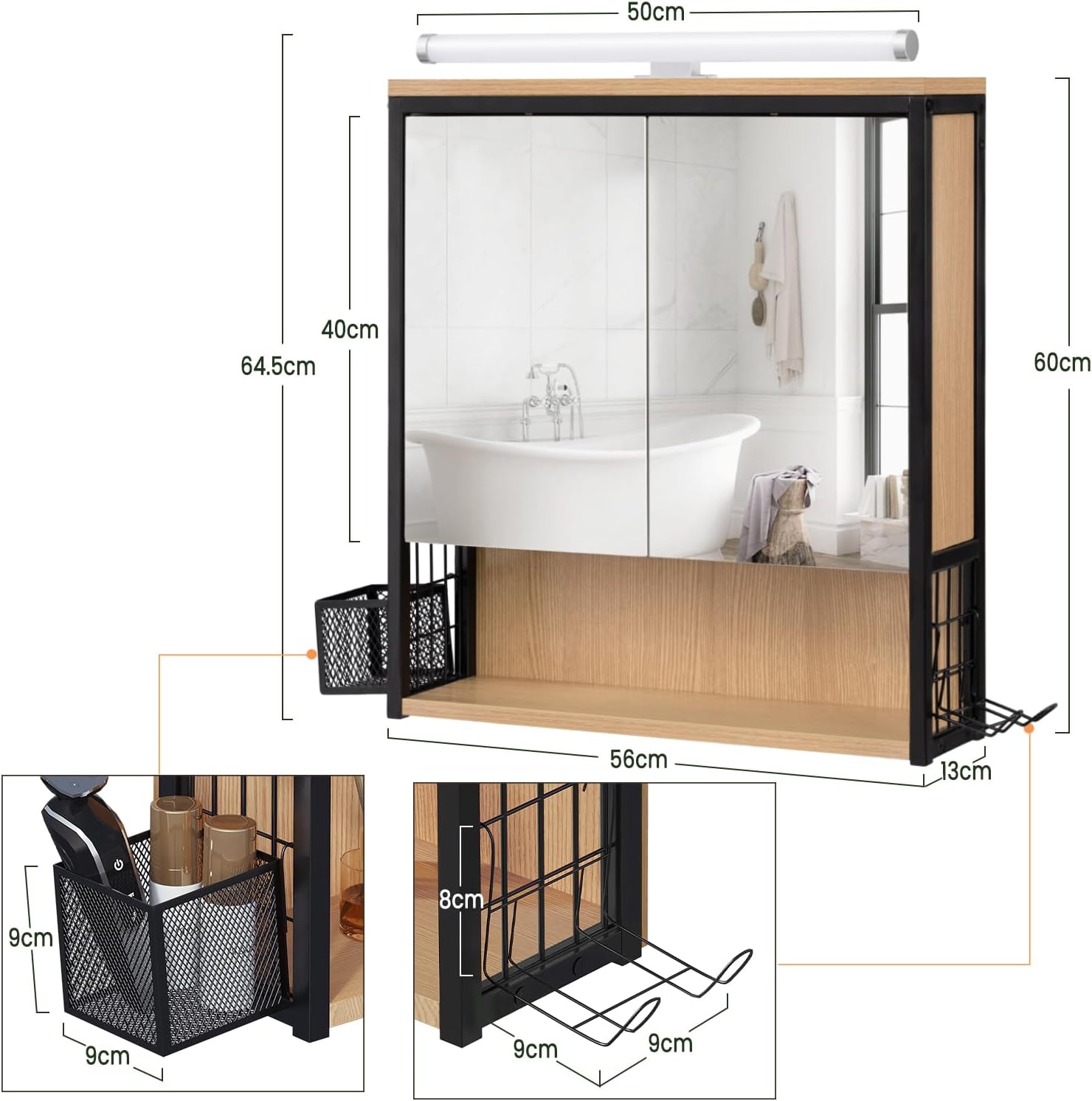Thumbnail 1 de EUGAD Spiegelschrank Bad mit Beleuchtung – 56x60x13 cm, schwarz + helle Eiche