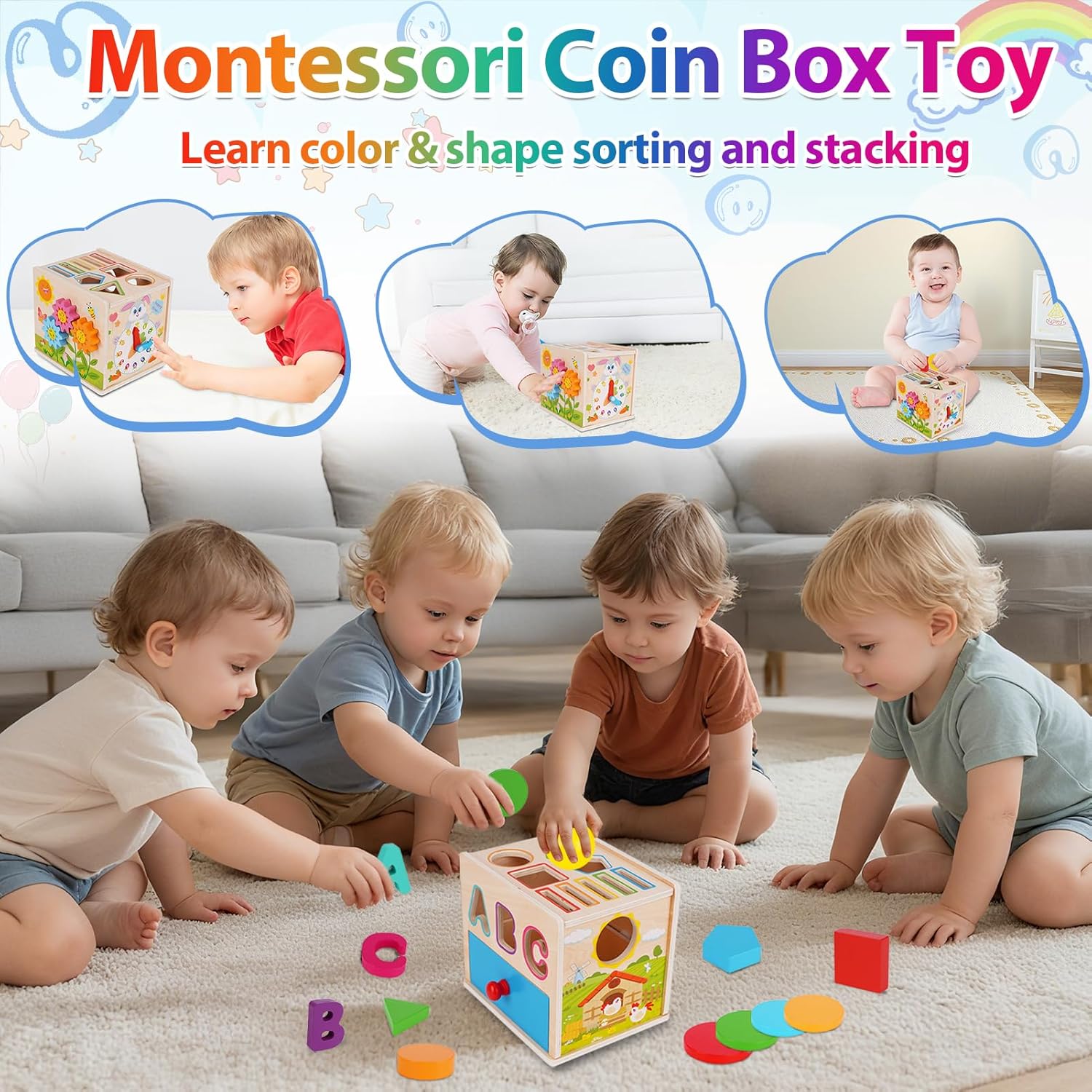 Detalle de FCSONU Jouet Montessori Bois 1–3 Ans – 13 blocs colorés et tiroir amovible