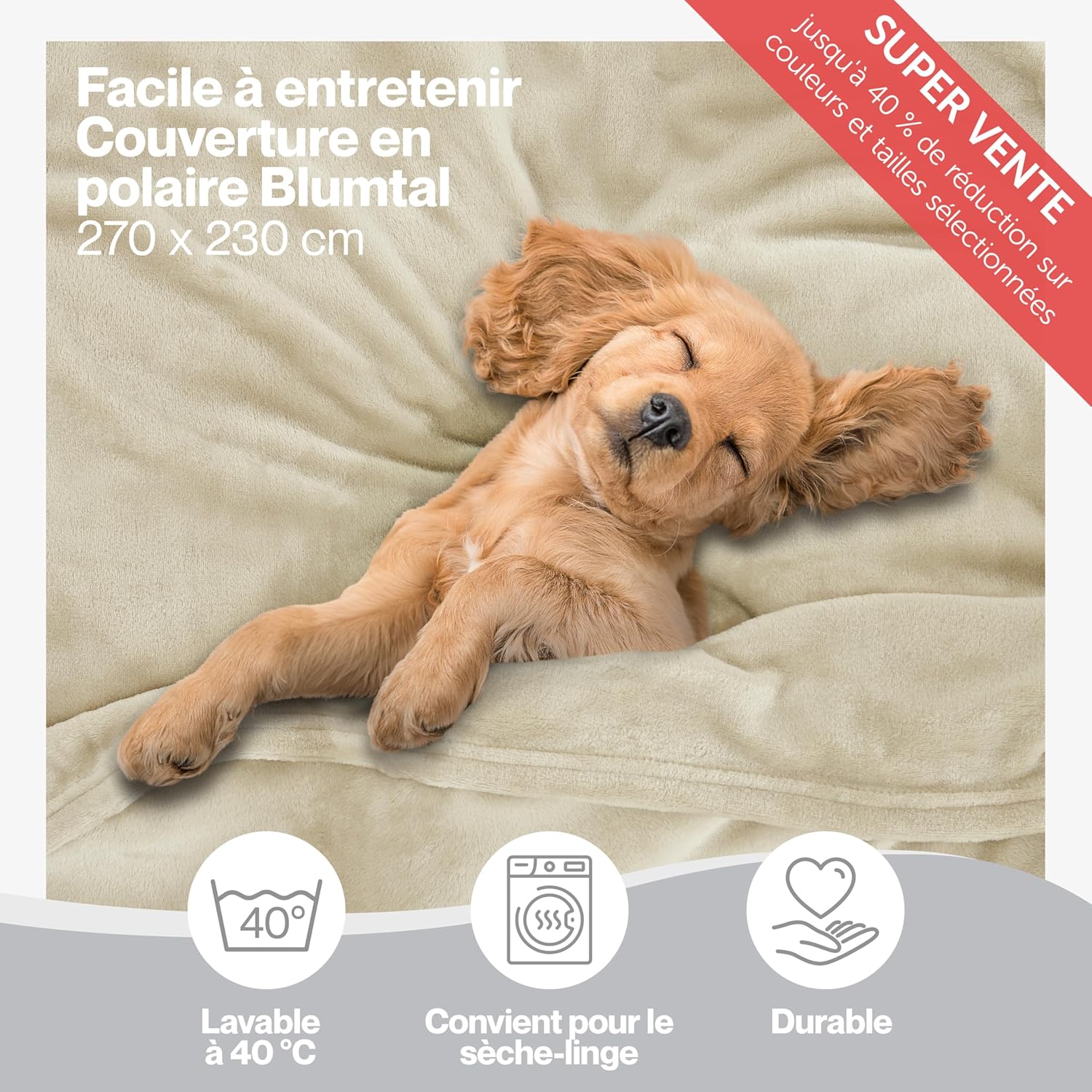 Thumbnail 2 de Blumtal Couverture polaire 270x230 pour canapé et lit, beige (certifiée Oeko-TEX)