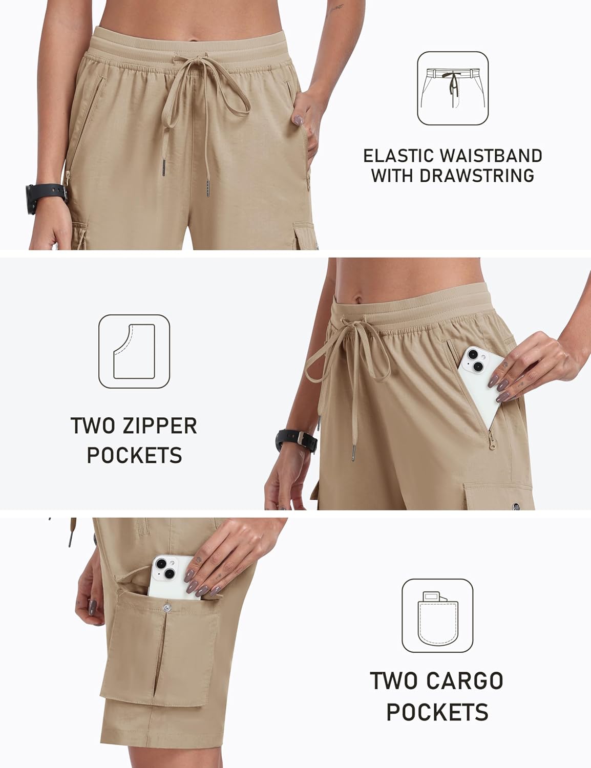 Thumbnail 3 de MoFiz pantaloncini cargo trekking da donna in tessuto traspirante, vita elastica con coulisse e 6 tasche