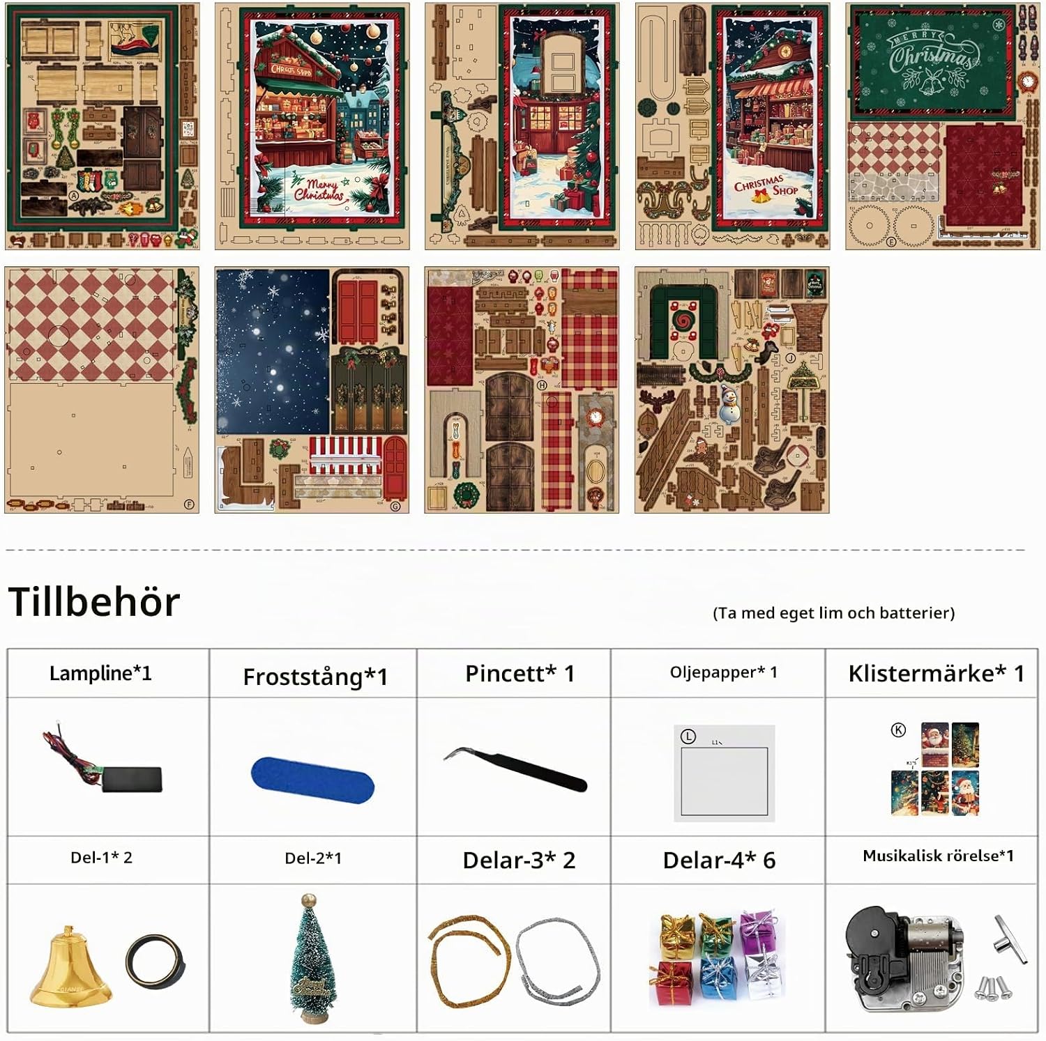Detalle de BATTREVO julbutik – bokhörna i trä med musikbox och LED-ljus, skala 1:24