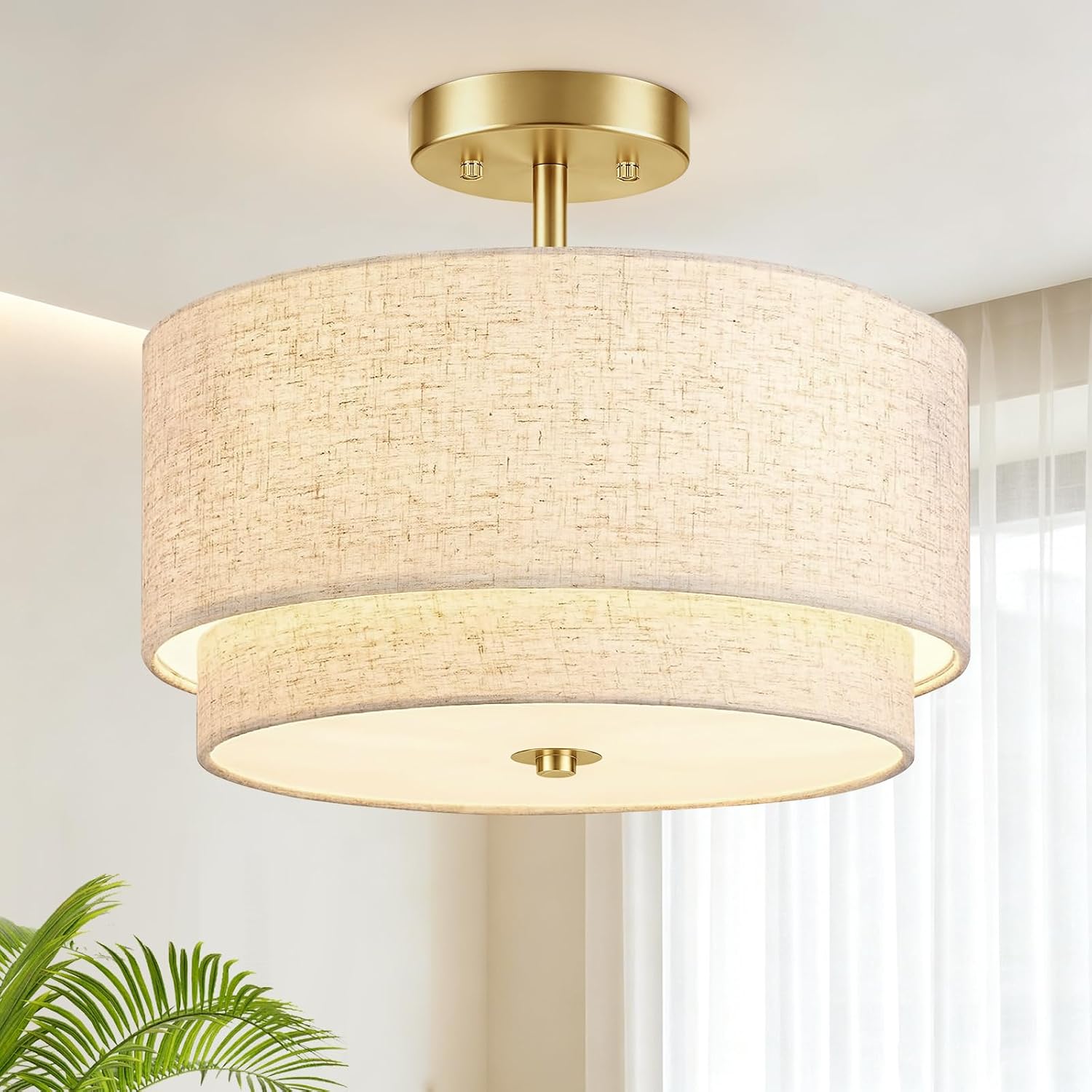 Detalle de Lanburch ceiling light 05 Semi-Flush Mount, 12.6-Inch Linen Shade, 3-Light