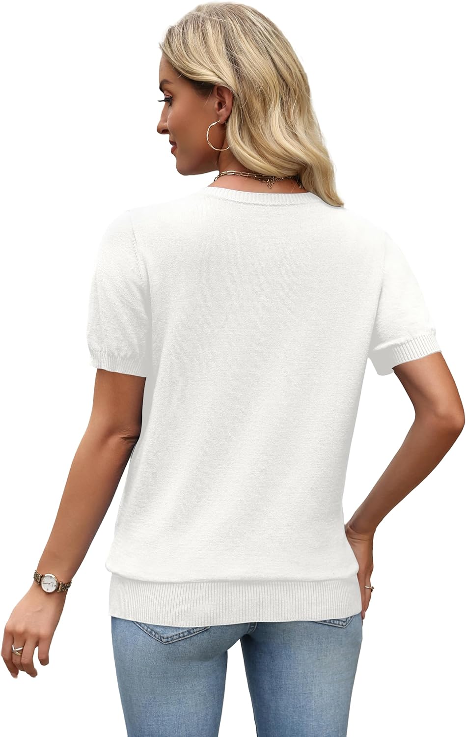 Detalle de WIHOLL Short Sleeve Sweater Tops - 2026 Spring/Summer Knit, V-Neck Business Casual Essential