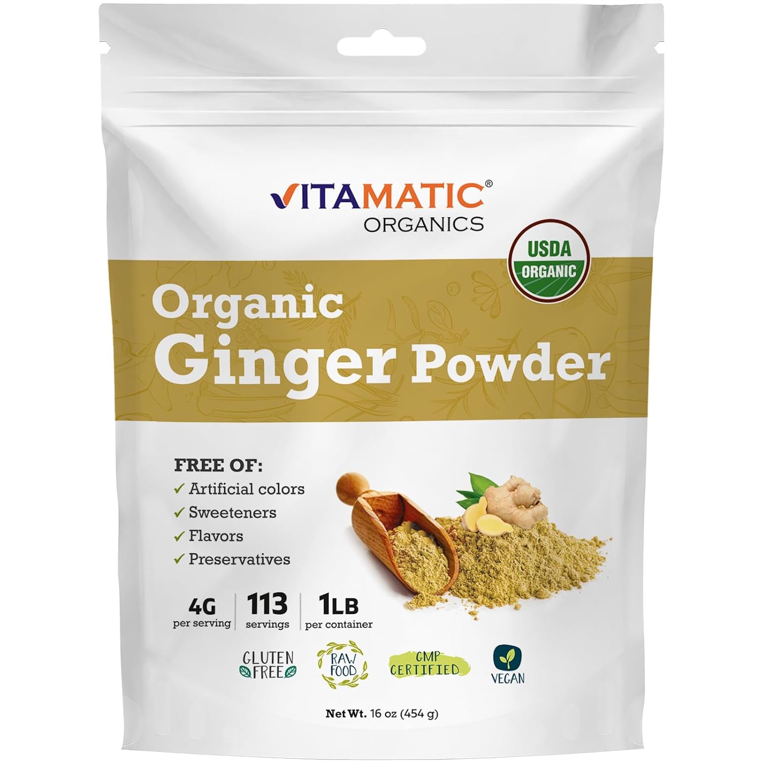 Detalle de Vitamatic USDA Organic Ginger Root Powder, 1 lb (16 oz), Ground Zingiber officinale