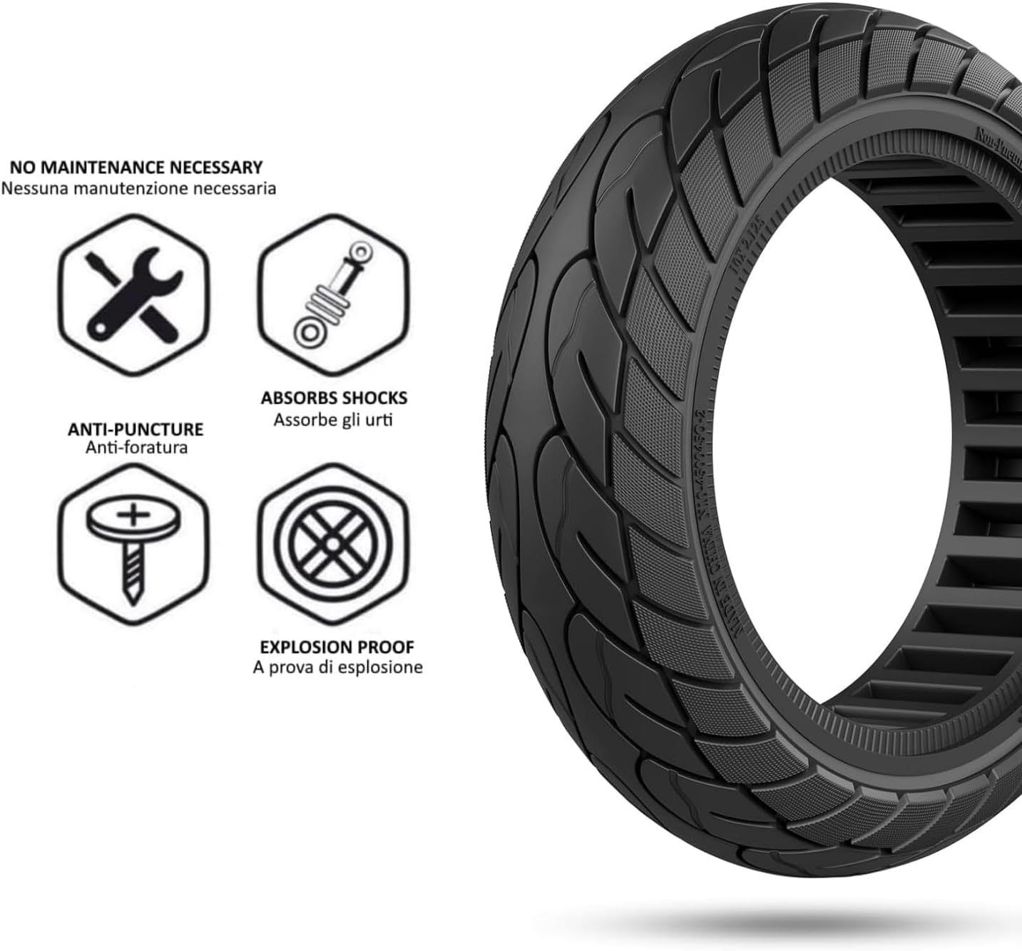 Thumbnail 1 de ECOVELO pneumatico pieno 10 x 2.125 per monopattino e scooter elettrico (ruota 10”): antiforatura nero con linea gialla