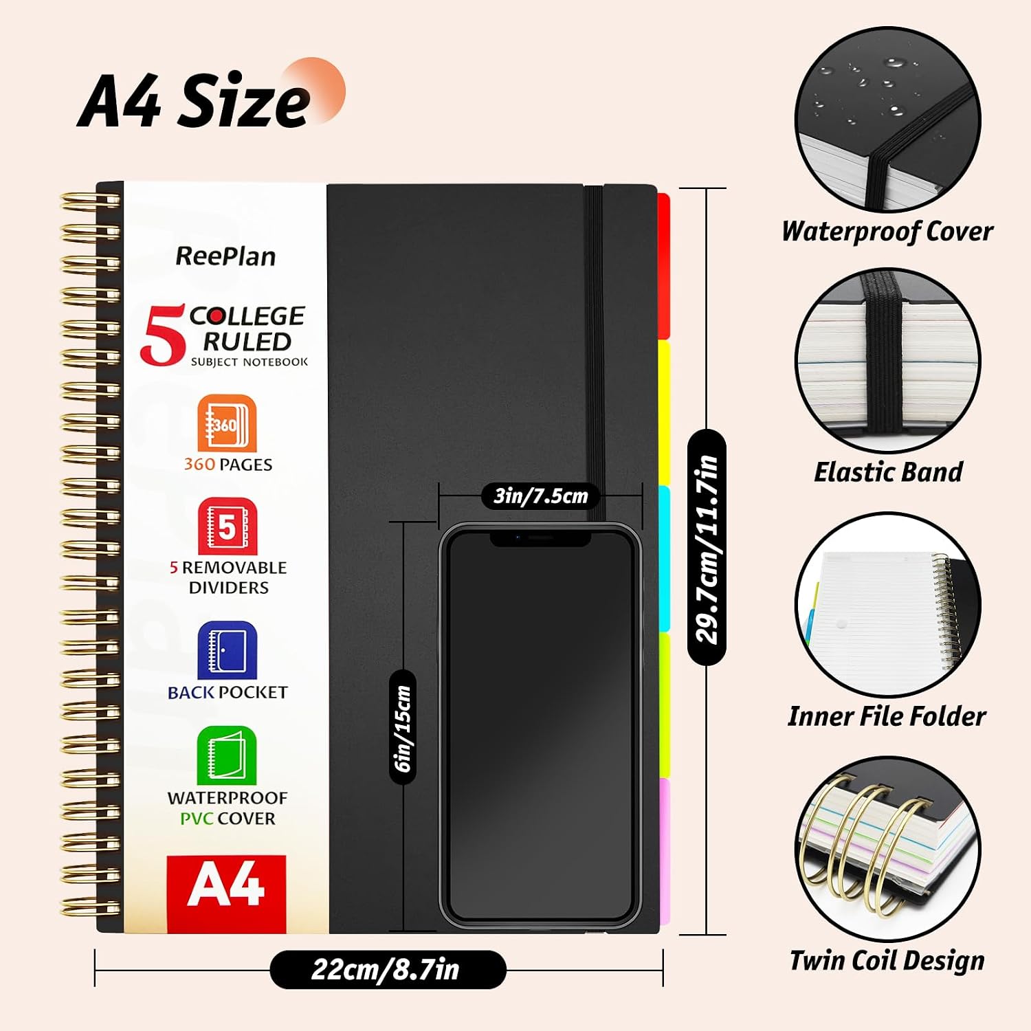 Detalle 2 de ReePlan 360 Pages A4 Spiral Notebook with 5 Subject Dividers