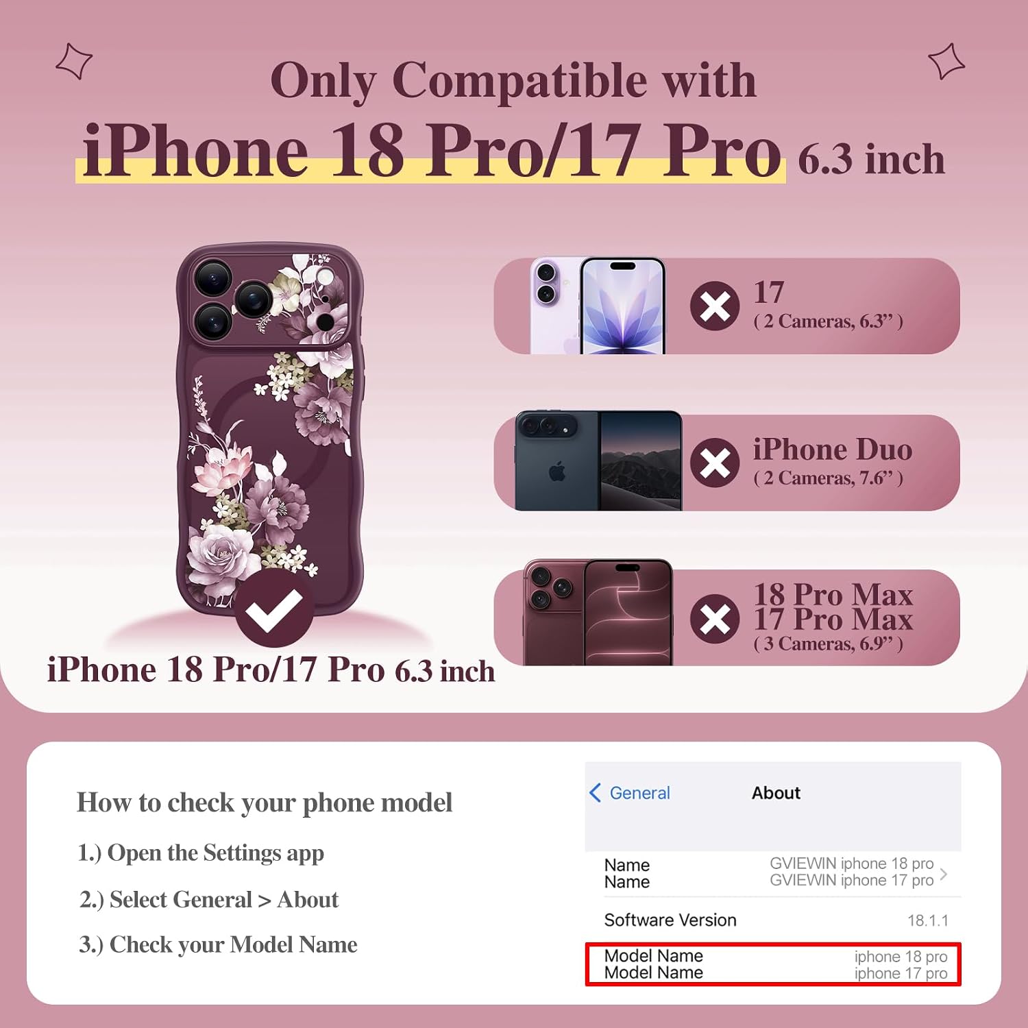 Detalle 2 de GVIEWIN Floral MagSafe Case for iPhone 17 Pro/18 Pro, Cherry Blossoms/Dark Cherry