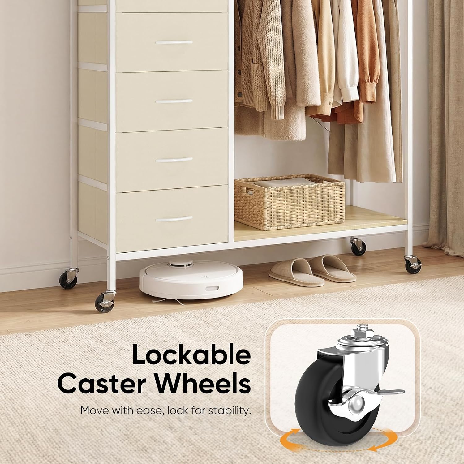 Detalle de HOKEEPER All-in-One Rolling Coat Rack with 5 Drawers (Beige) – Mobile closet organiser on wheels