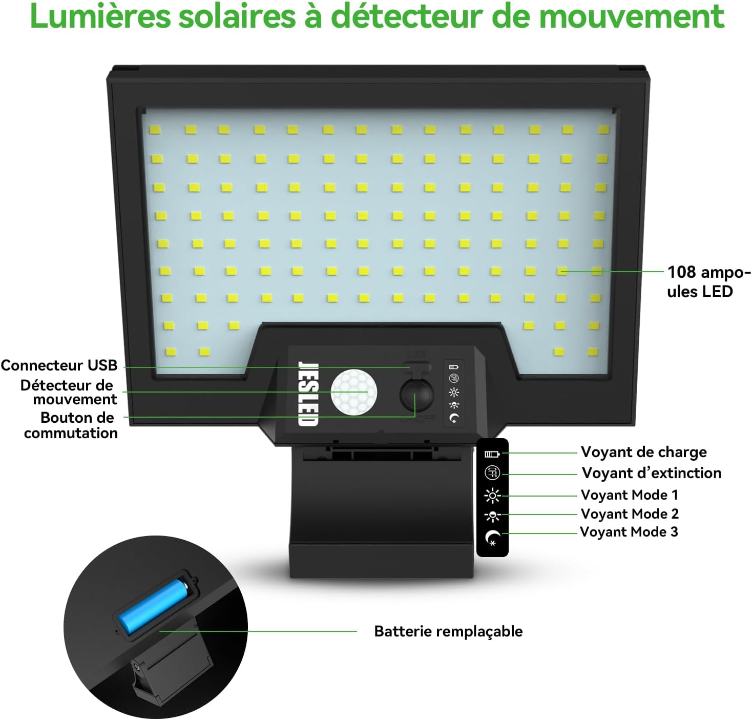 Thumbnail 2 de JESLED Lampe Solaire Exterieur 108LEDs 800LM