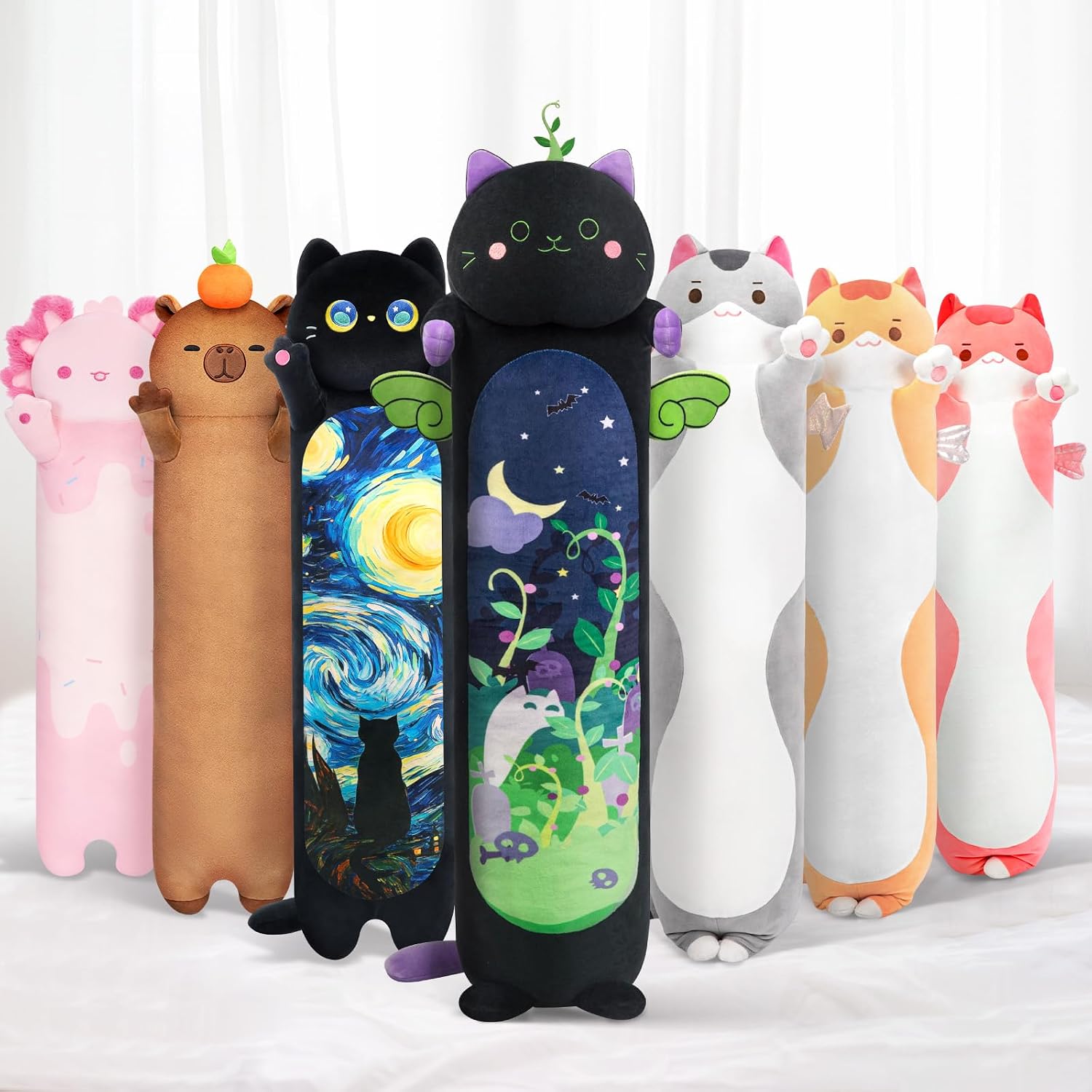 Detalle de Mewaii 130 cm Plüschkissen Katze „schlafend“, Minze – langes Wurfkissen zum Kuscheln und Schlafen