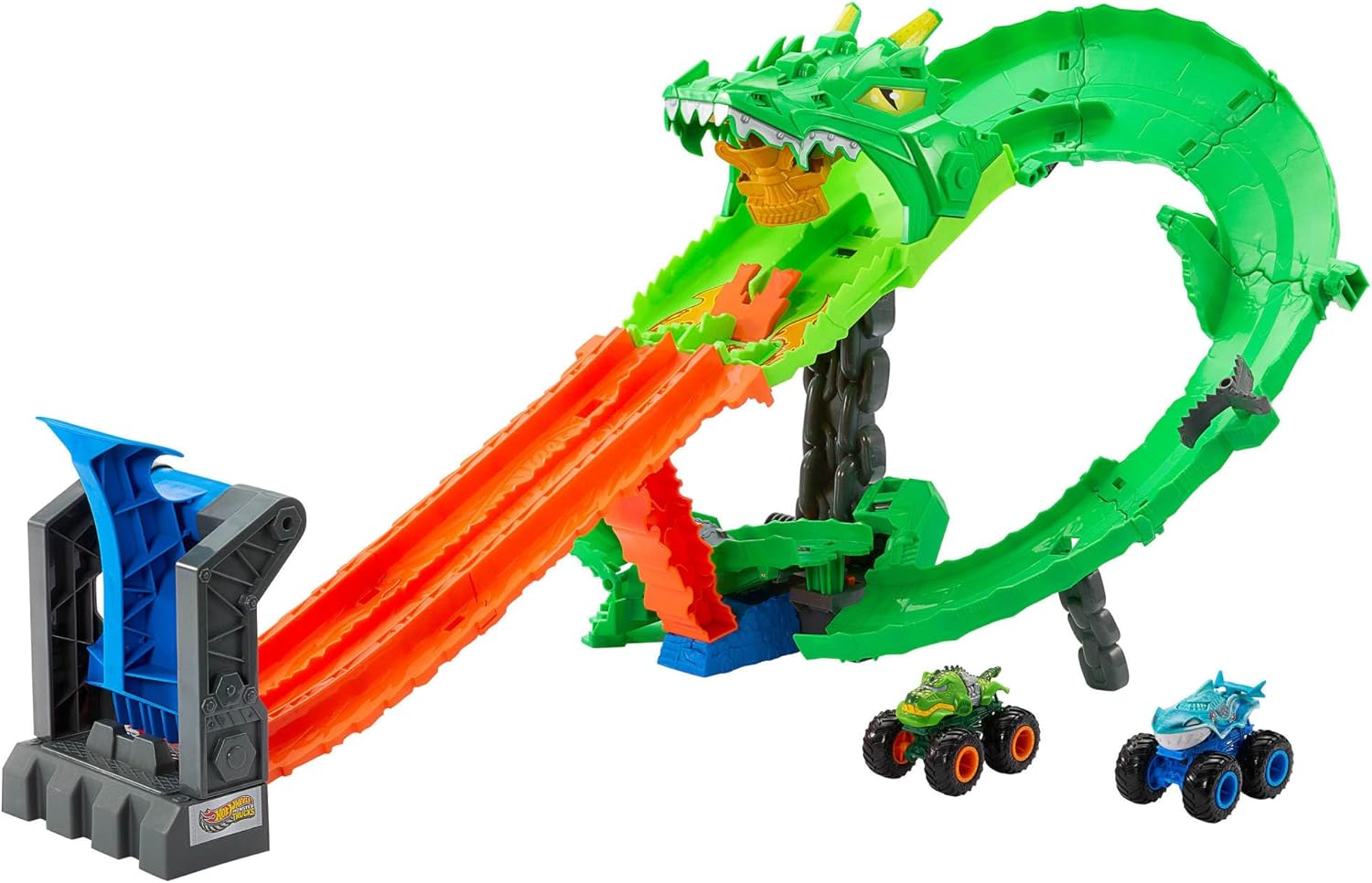 Thumbnail 3 de Hot Wheels Monster Trucks Sharks vs. Dinos Dragon Destruction (Great Bite e Rageasaur) set giocattolo 4+ JGB06