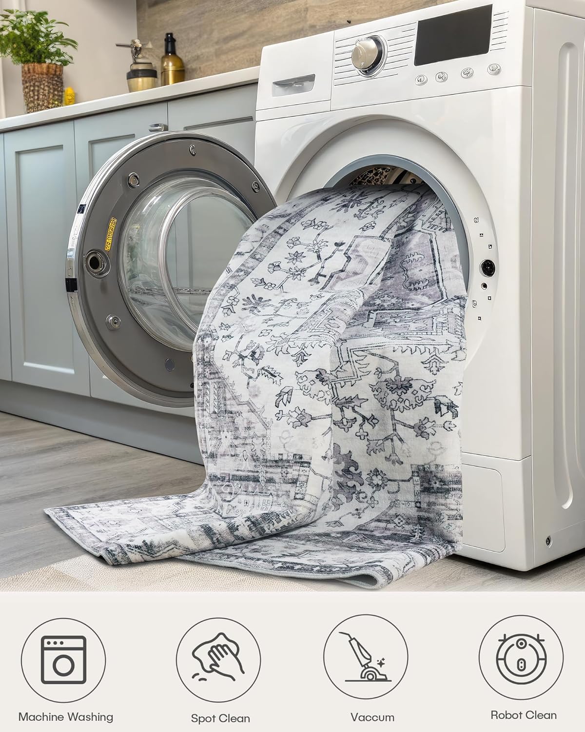 Thumbnail 6 de XSIVOD Grey Area Rug 240 x 300 cm – Washable, Non-Slip Vintage Floral Rug for Living Room