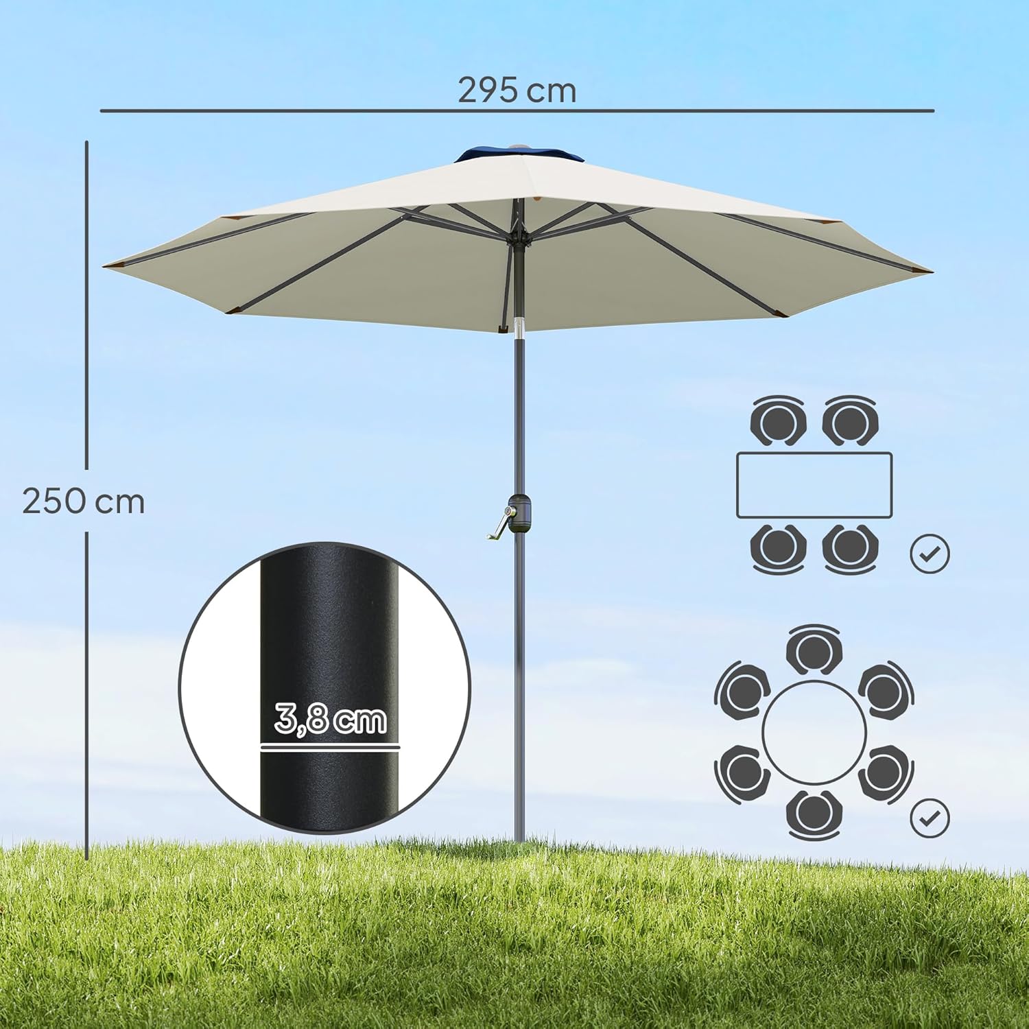 Thumbnail 6 de Outsunny Parasol de jardin extérieur droit inclinable Ø 2,95 m – Gris clair, métal et toile 180 g/m²