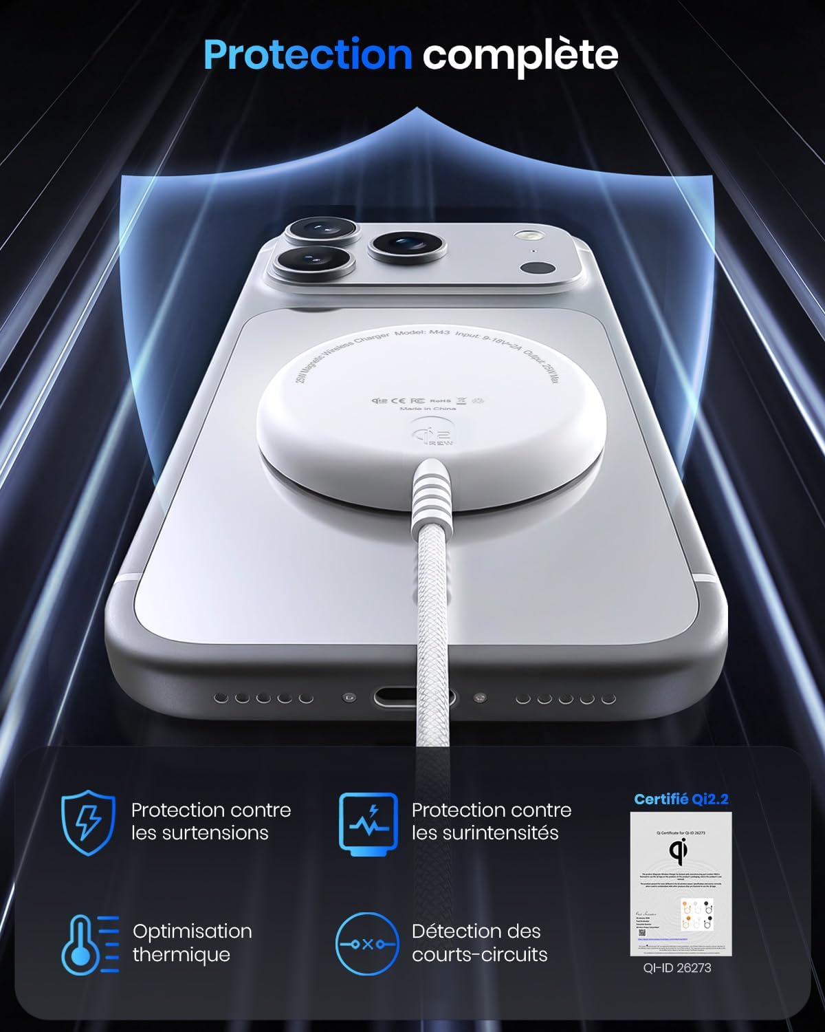 Detalle de Chargeur sans Fil magnétique Qi2 25 W avec câble 1,5 m et adaptateur 30 W – Magnétique Mag-Safe, compatible iPhone et Pixel