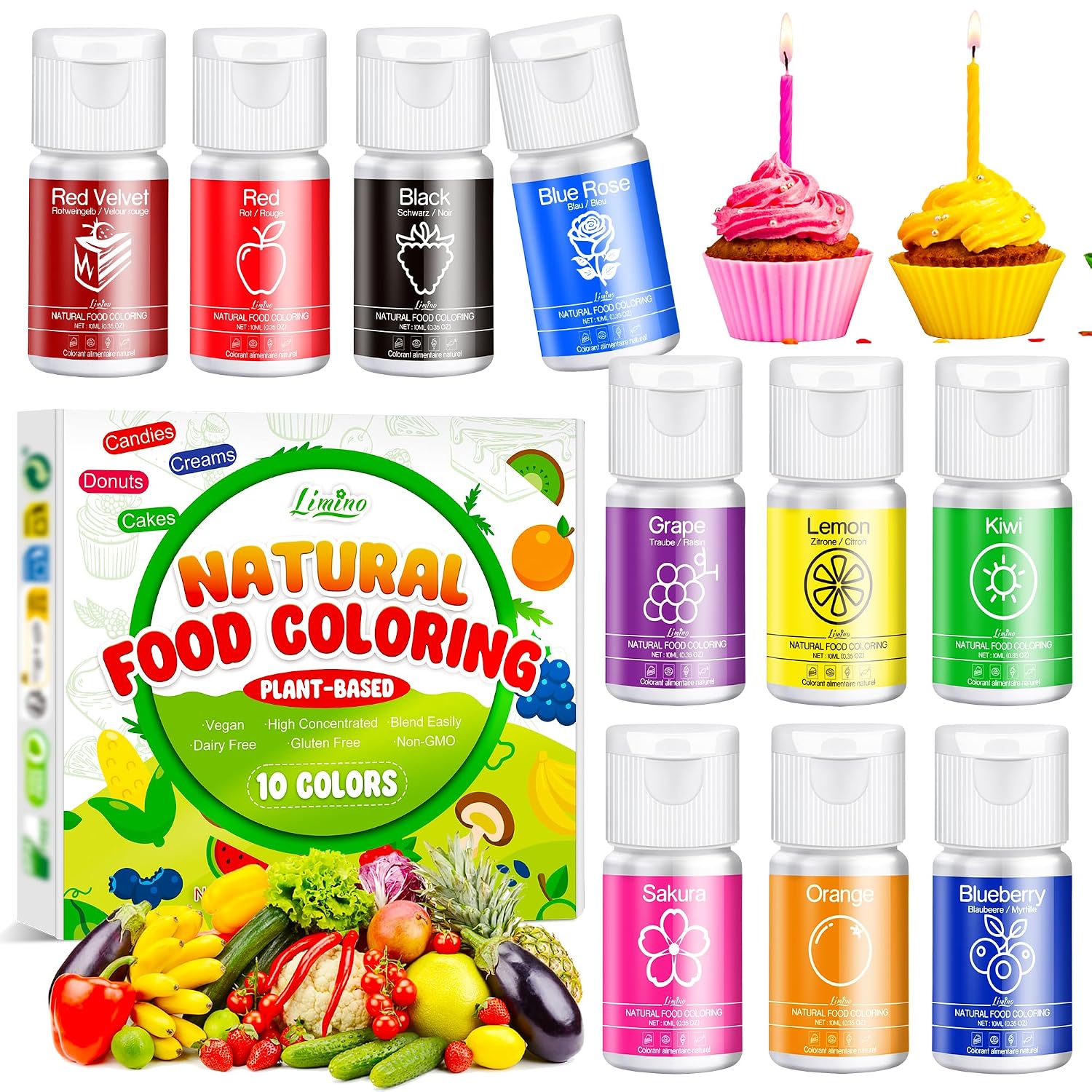 Natürliche Lebensmittelfarbe – 10 x 10 ml Pflanzenbasierte Farben, frei von künstlichen Farbstoffen