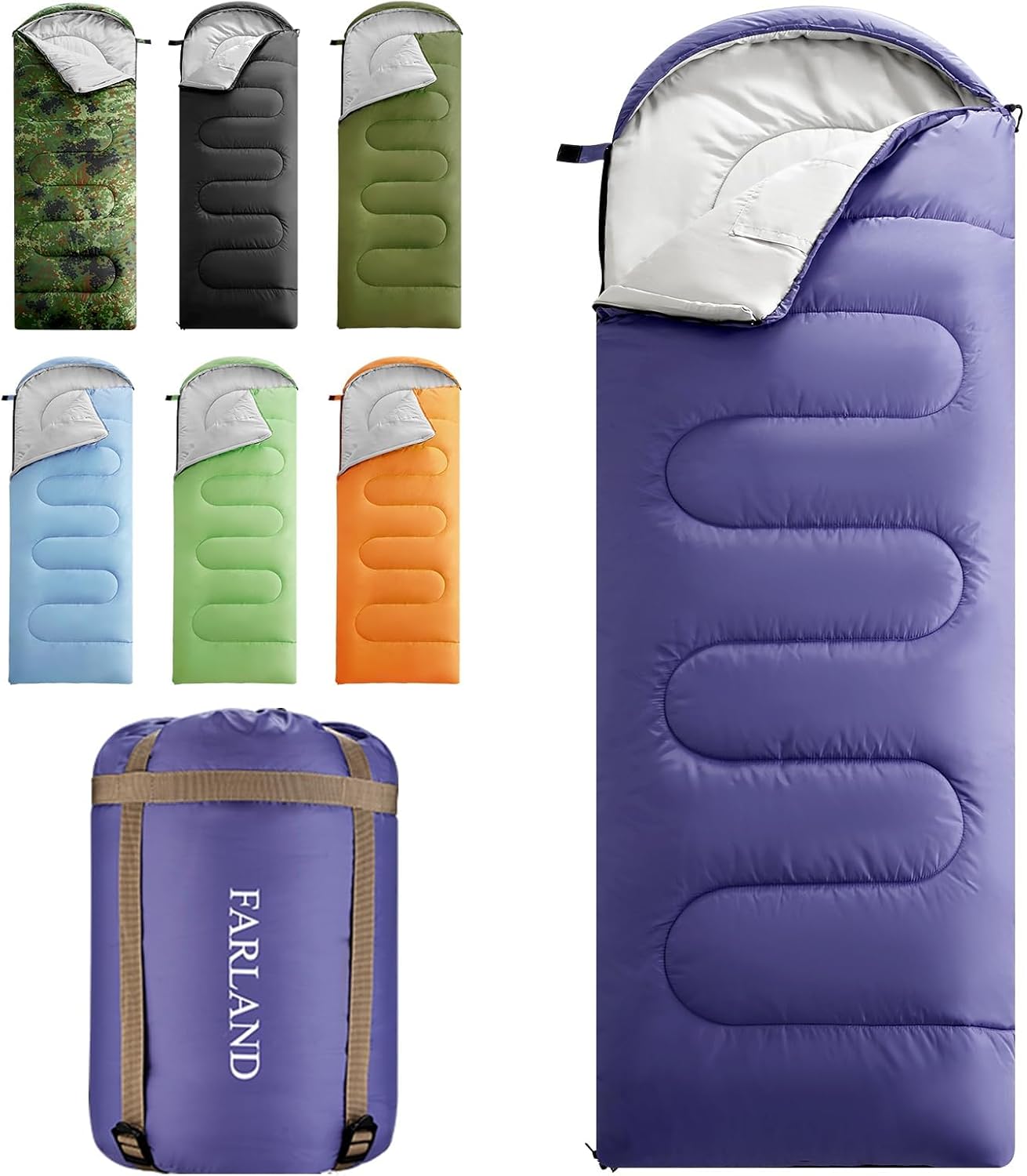Detalle de FARLAND 3-Season Sleeping Bag, Purple, Water-Resistant Shell and Compression Sack