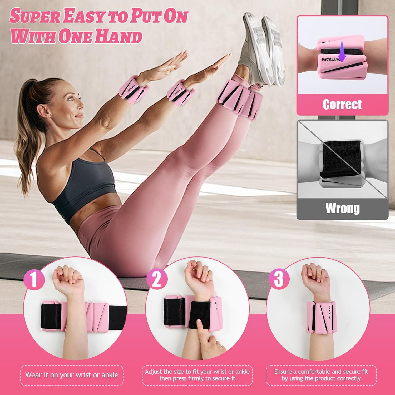 Detalle 1 de BECOJADDE Adjustable Ankle and Wrist Weights, 4 lb Pair, Pink