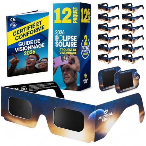 Lunettes Eclipse Solaire 2026 – Lot de 12 Paires Premium avec 2 Filtres Solaires pour Smartphone, ISO 12312-2, CE