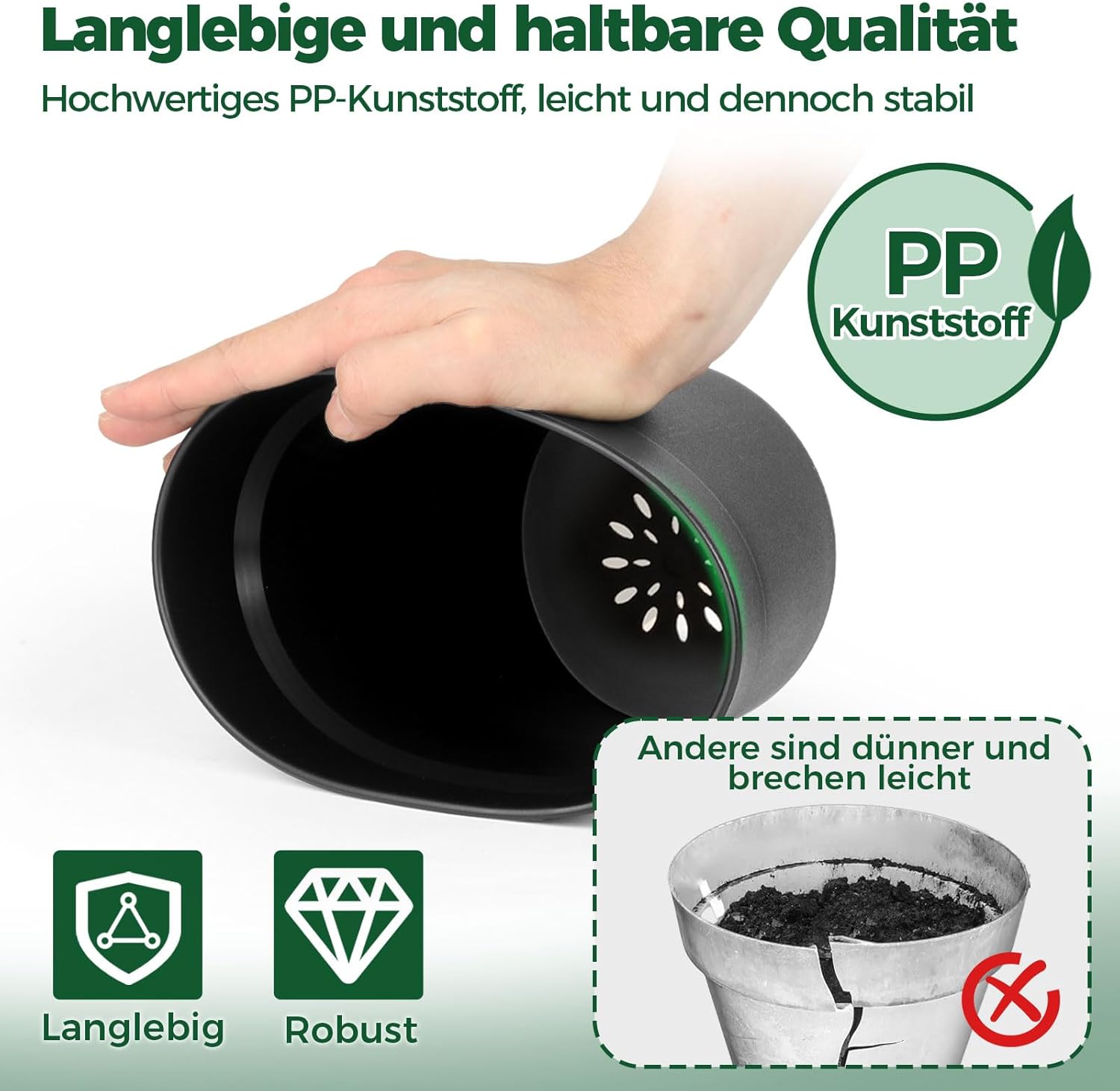 Thumbnail 2 de T4U Set di Vasi da Interno 19 cm con Sottovaso Nero – 6 Vasi Rotondi in Plastica con Fori di Drenaggio