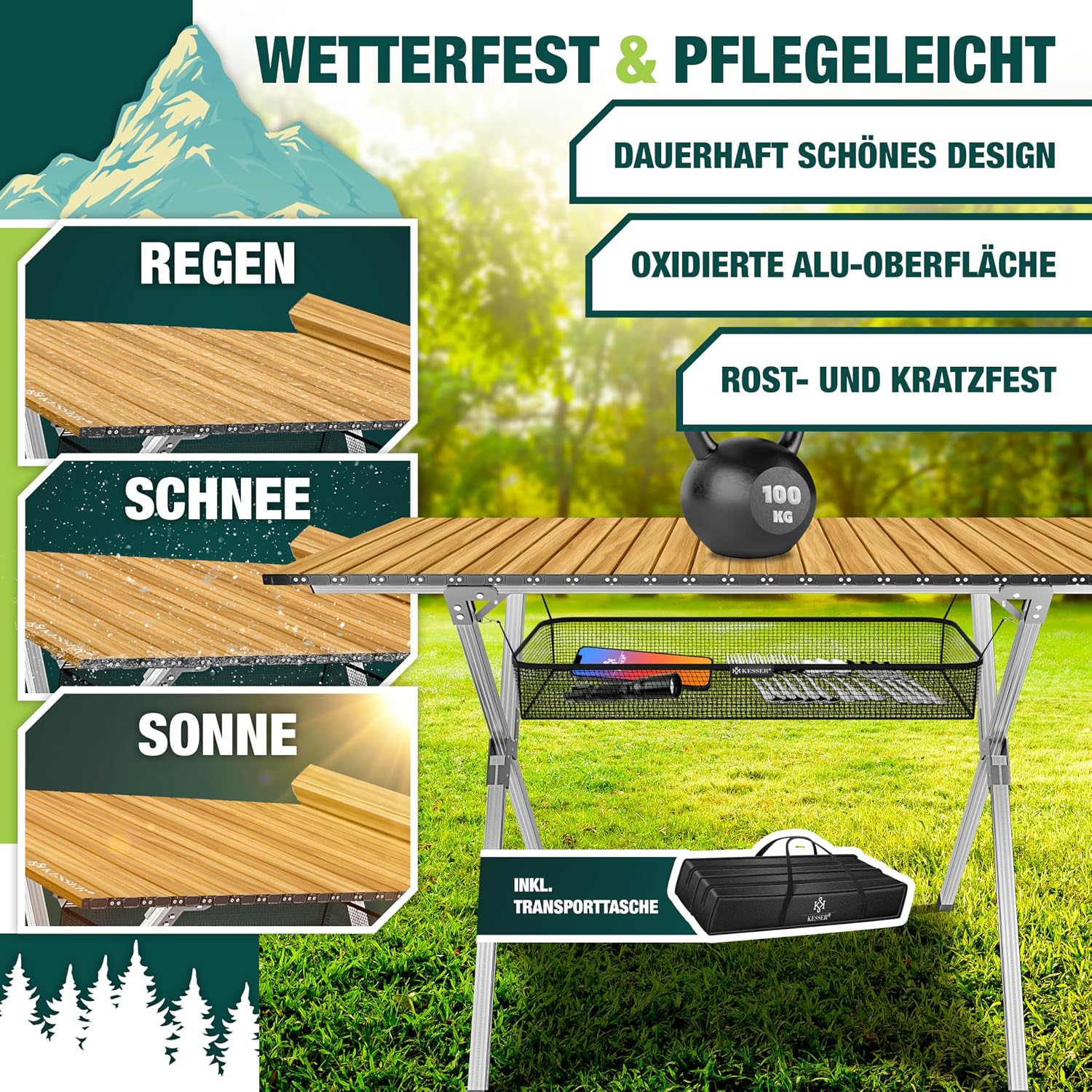 Detalle de KESSER® faltbarer Campingtisch Klapptisch mit Aluminiumrahmen, Holz-Optik, 145 × 70 cm (bis 100 kg) inkl. Tragetasche