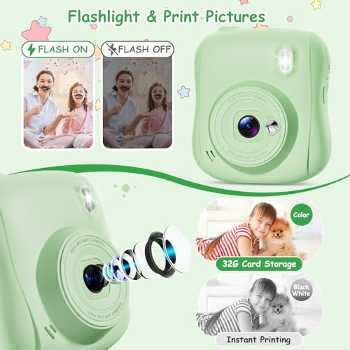 Thumbnail 6 de Hangrui Cámara Fotos Infantil Instantánea 1080P con Tarjeta 32GB, Papel + Bolígrafos de Colores – Verde