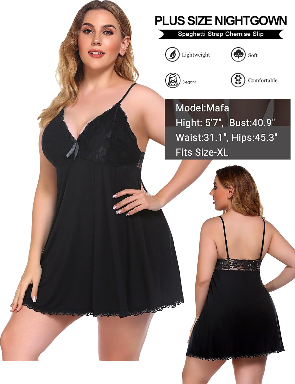 Detalle de Avidlove Lace Modal Chemise Nightgown with V-Neck and Adjustable Straps