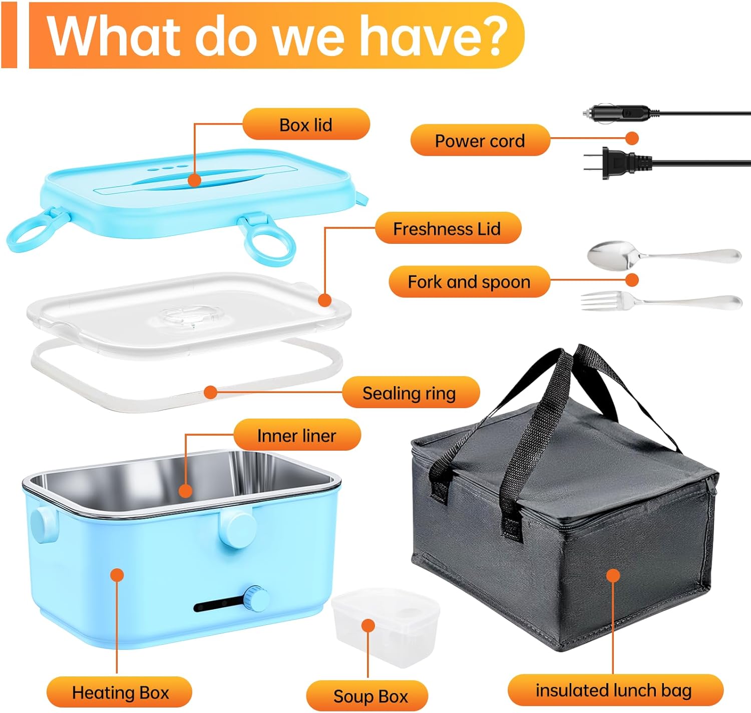 Detalle 2 de Mangoin Heated Electric Lunch Box for Adults, 80W Portable Food Warmer (1.8L Stainless Steel) with Car/Home Flexibility