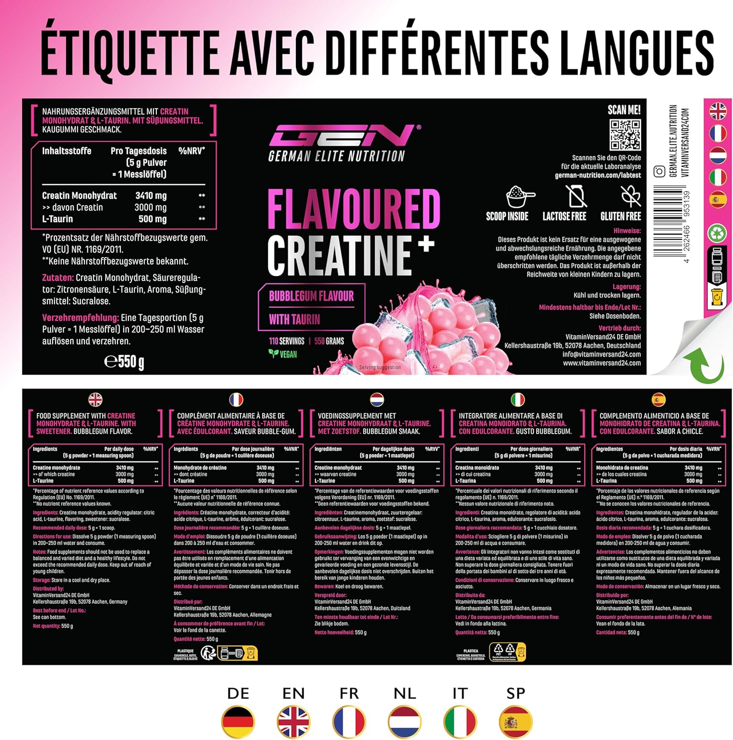 Thumbnail 5 de Flavoured Creatine poudre 550 g – Créatine monohydrate aromatisée avec L-taurine, vegan et sans sucre