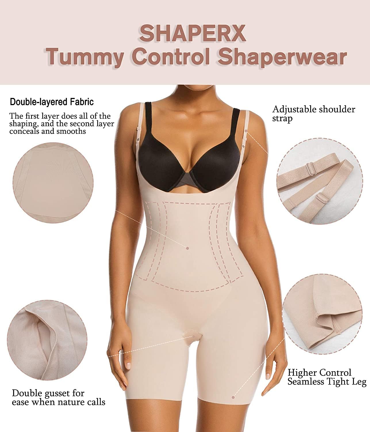 Thumbnail 3 de SHAPERX Body Shaper Open Bust Mid‑Thigh Bodysuit