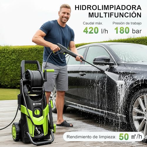 Detalle 2 de FOTING 2026NEW: Hidrolimpiadora de Alta Presión 180 bar con 420 l/h, 6 modos y carro móvil