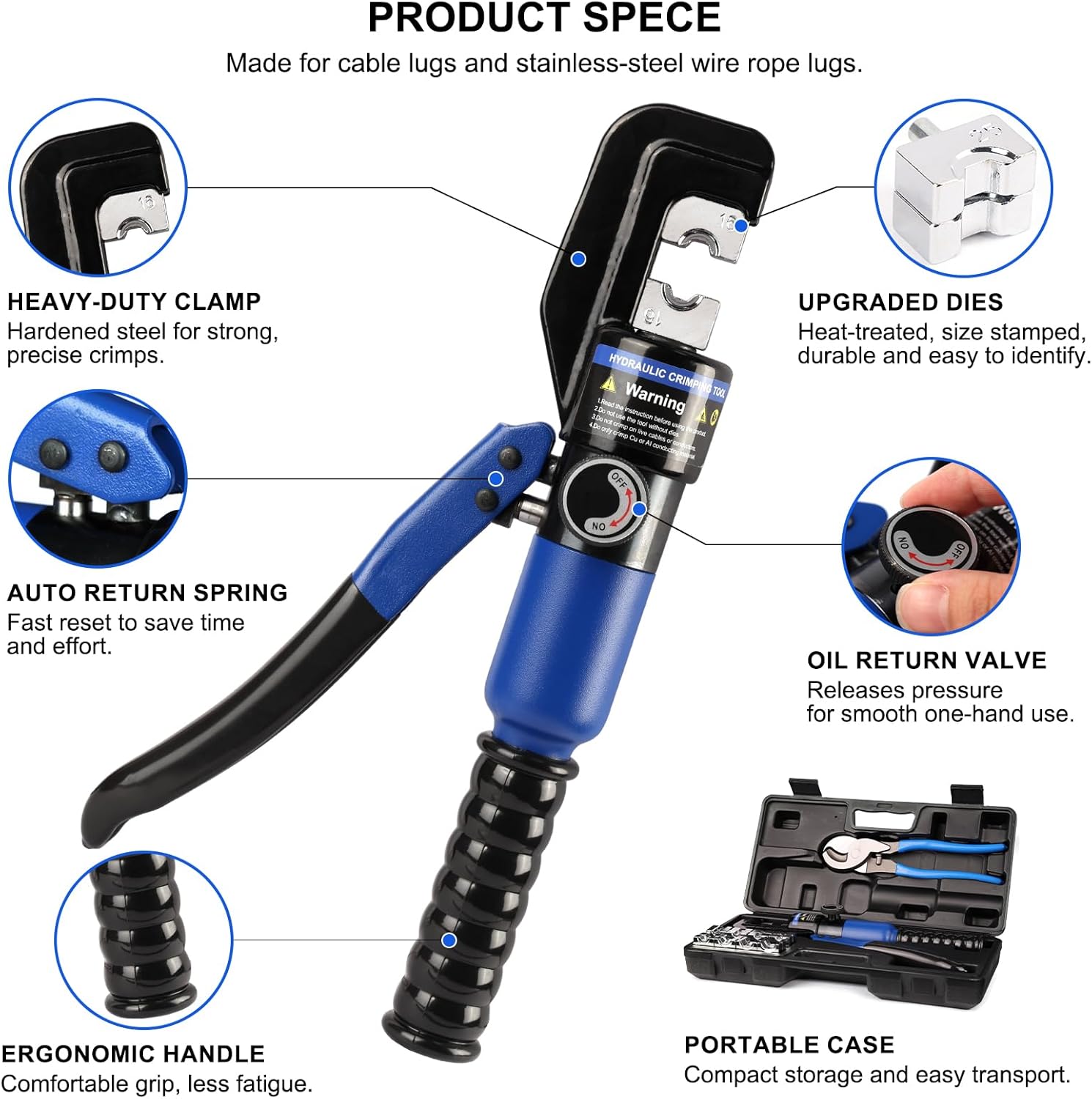 Detalle de Solsop YQK-70BU Hydraulic Crimping Tool, 10 Ton, 9 Dies, 12–2/0 AWG
